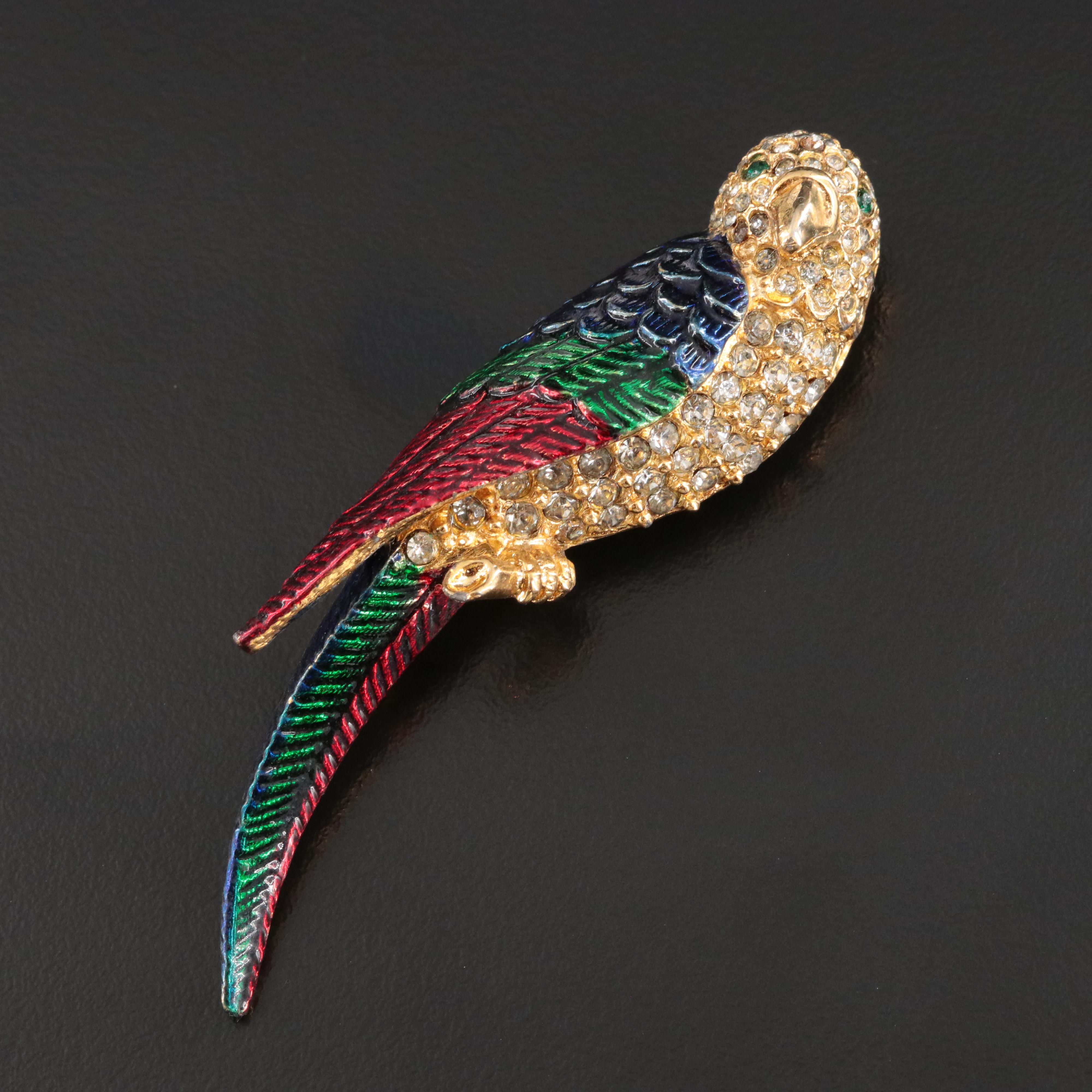 Rhinestone and Enamel Parrot Brooch