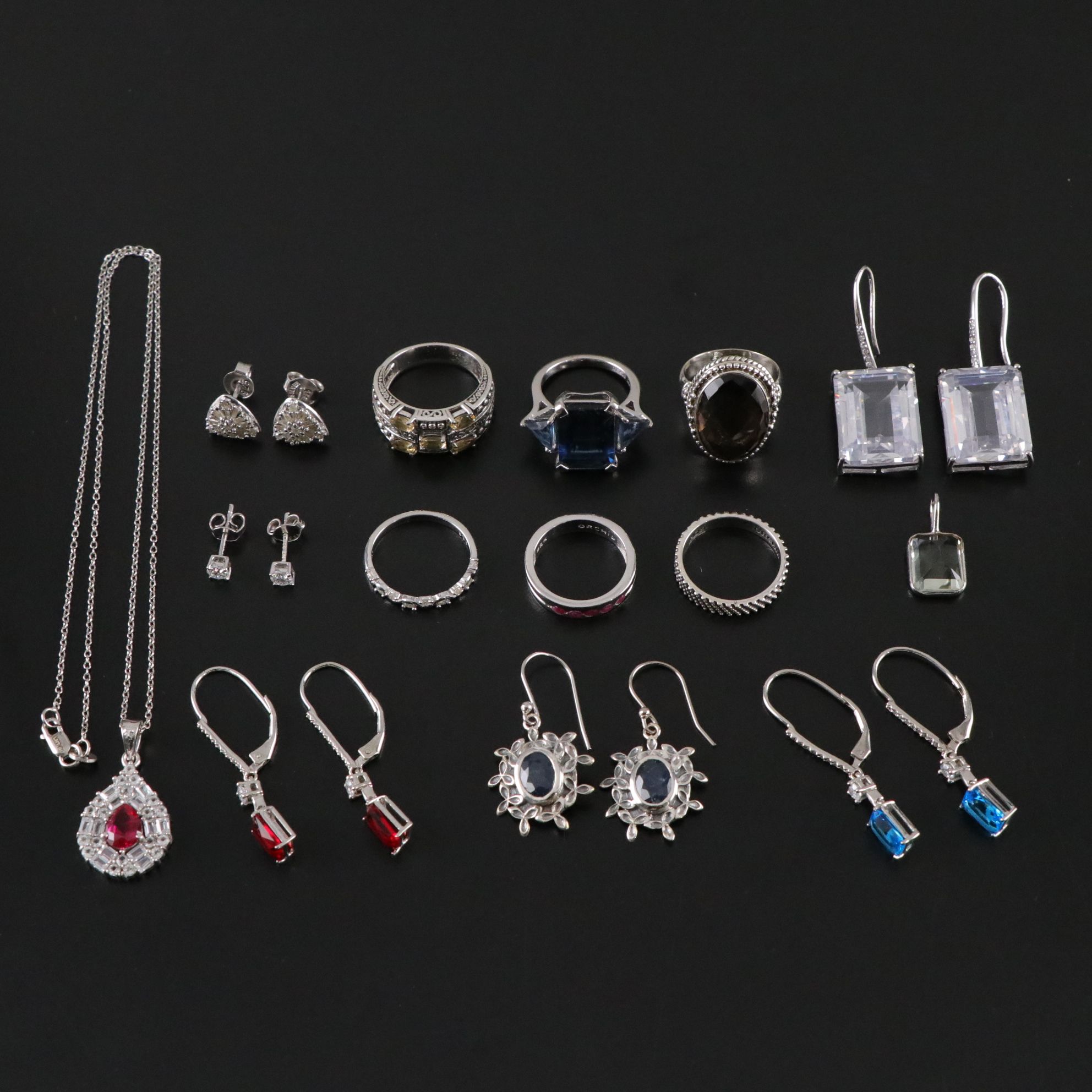 14 Assorted Sterling Silver Rings, Earrings and Necklace