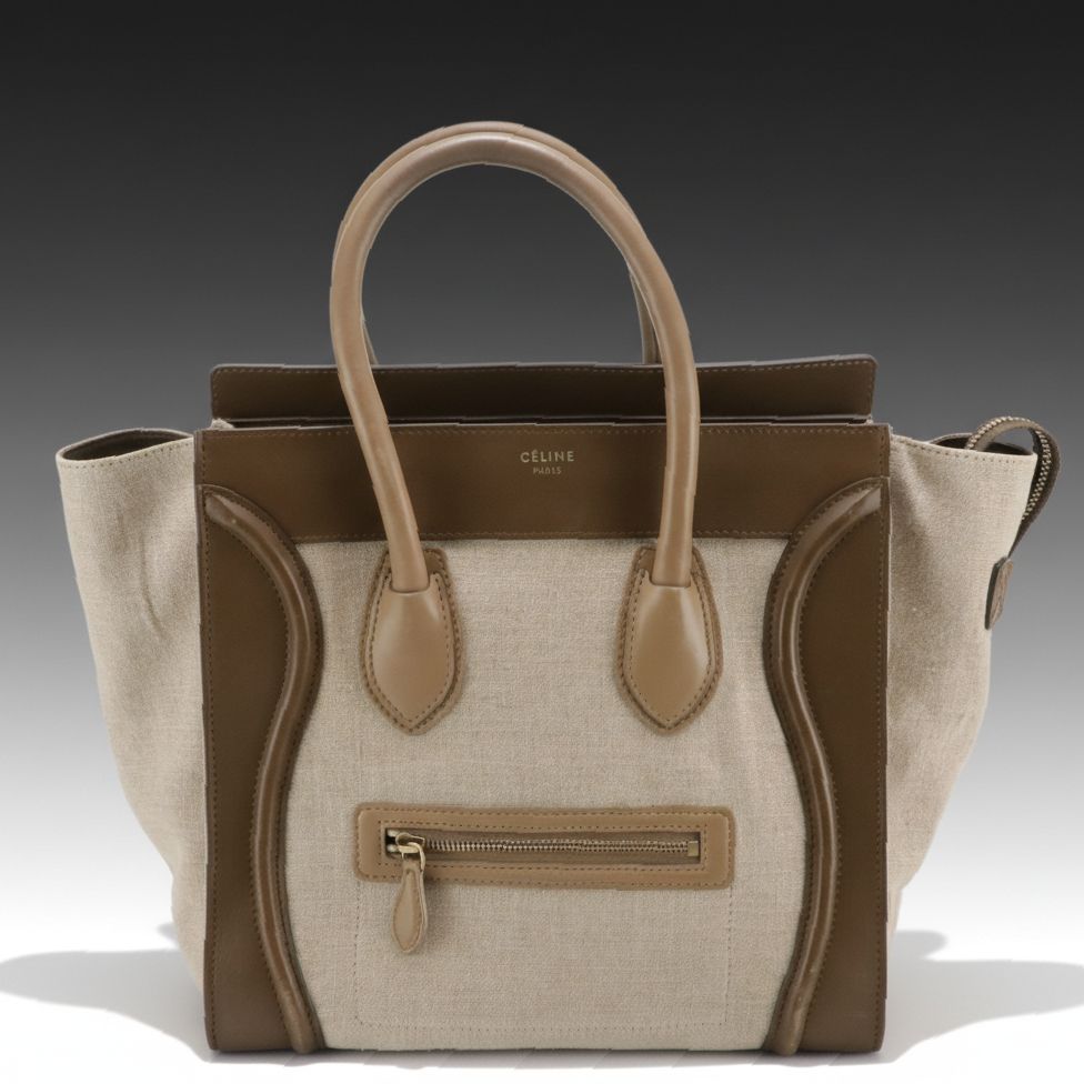 Céline Mini Luggage Tote in Beige Canvas and Two-Tone Calfskin Leather