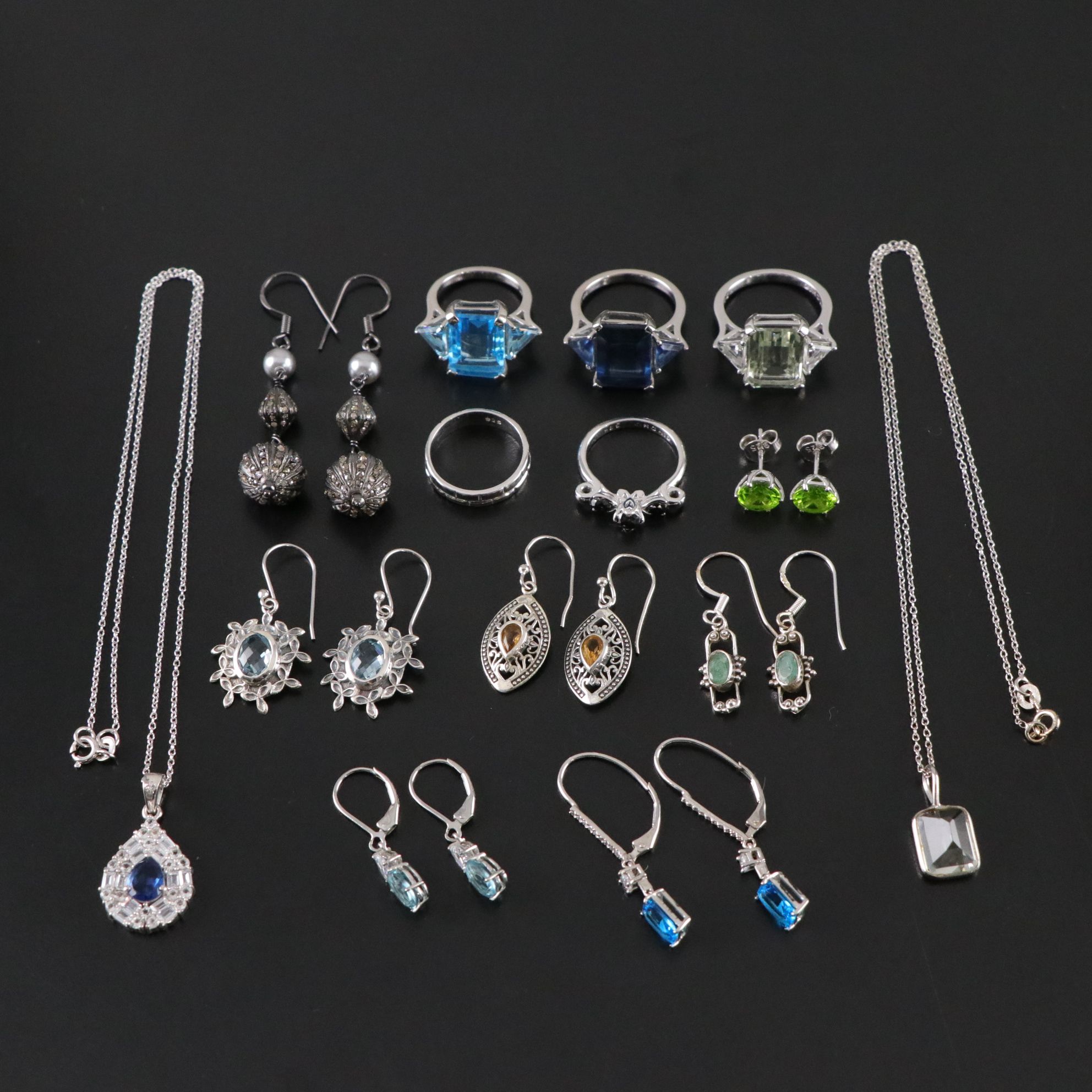 14 Assorted Sterling Silver Rings, Earrings and Necklaces