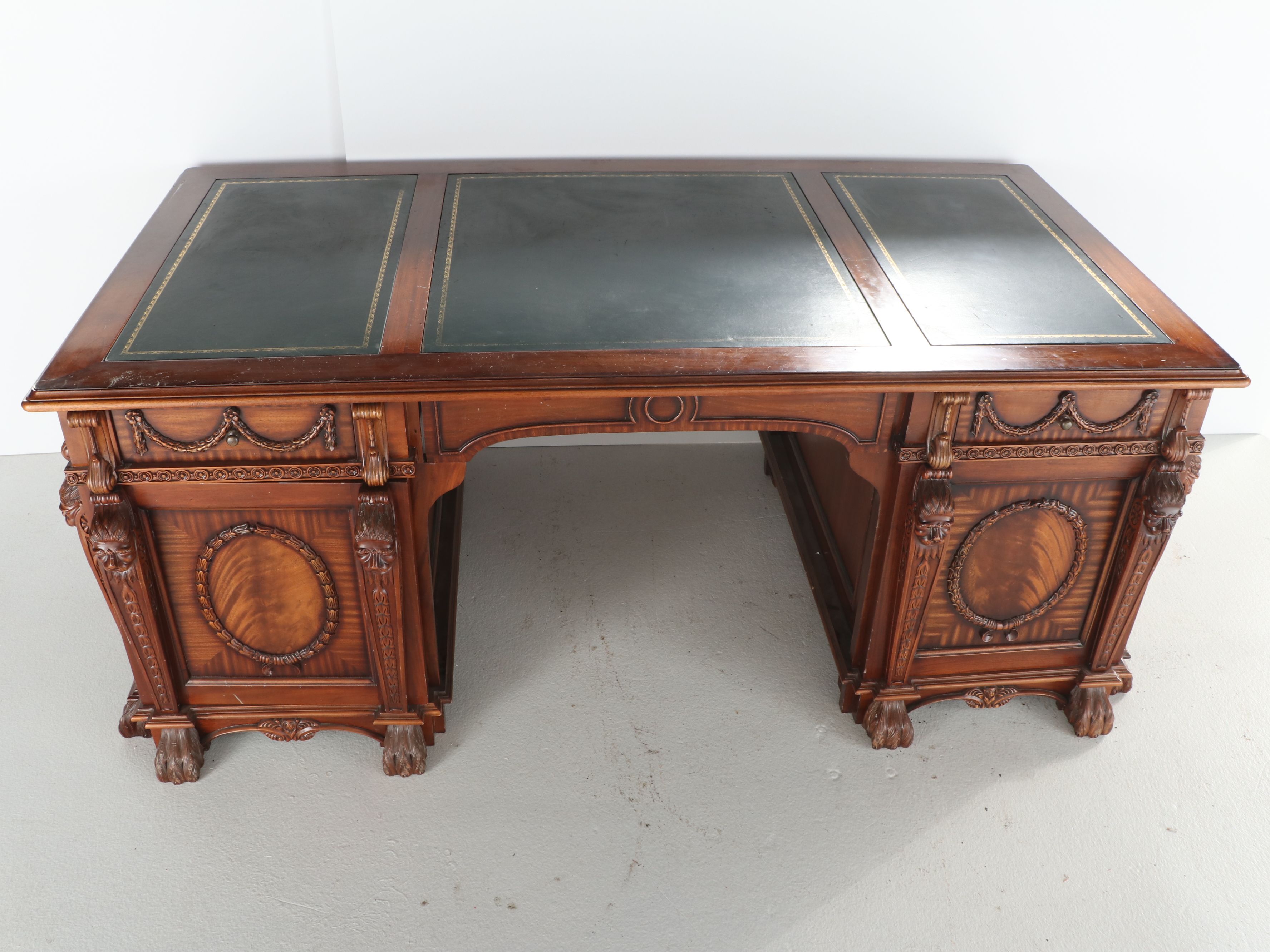 Chippendale Style Leather Top Mahogany Partner's Desk