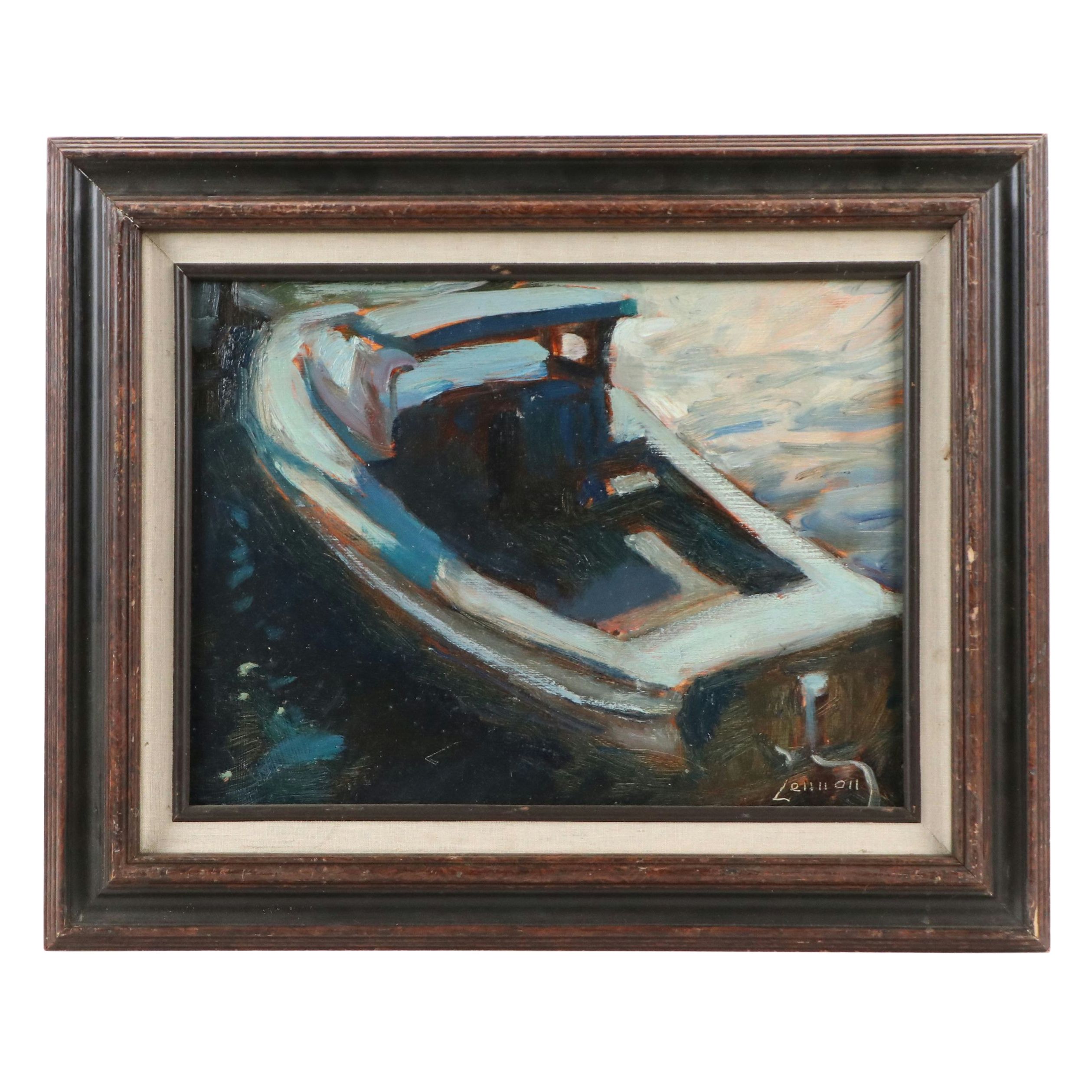 Bernard Lennon Dark Oil Painting of Small Boat, Mid-20th Century