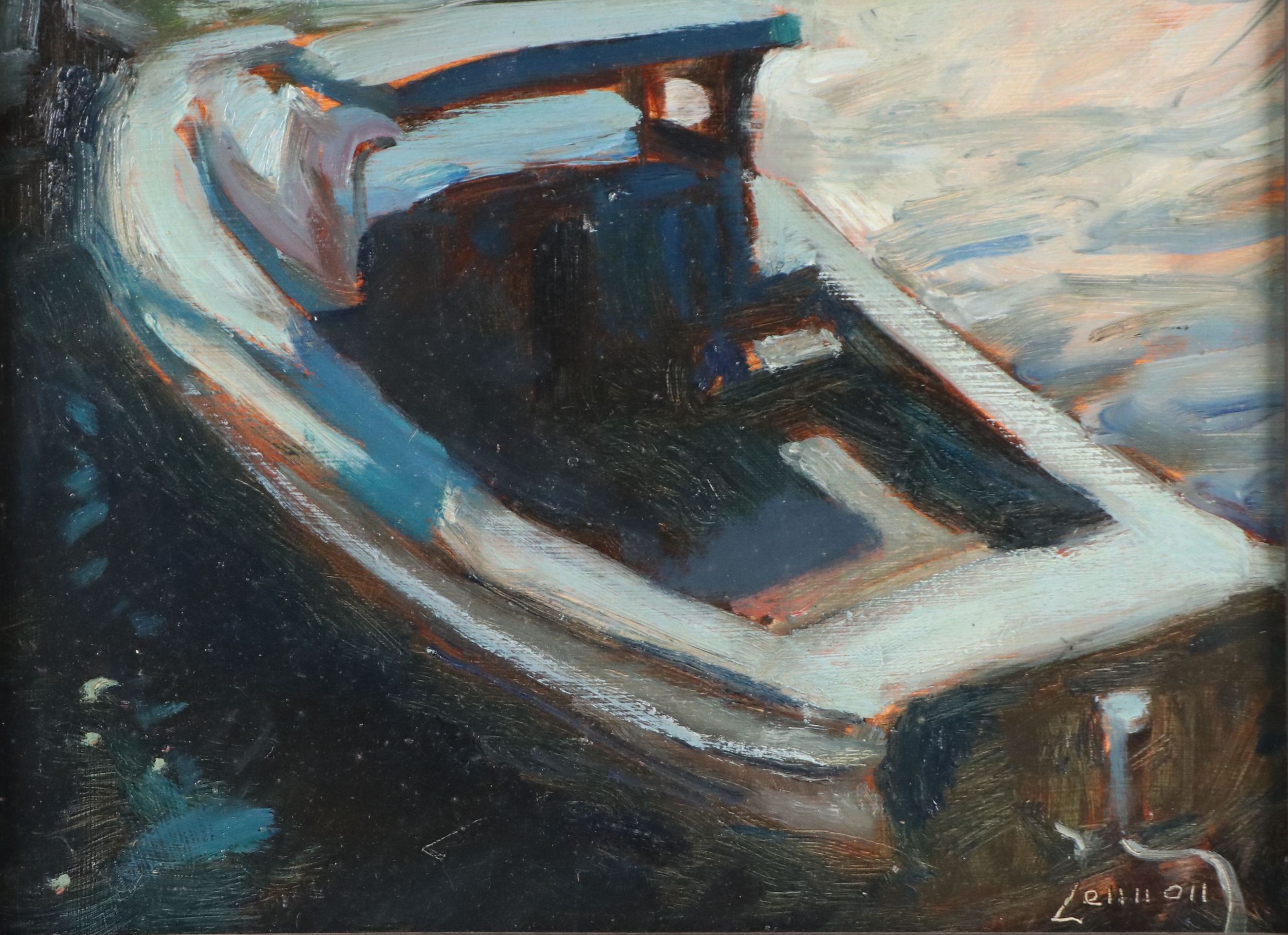 Bernard Lennon Dark Oil Painting of Small Boat, Mid-20th Century