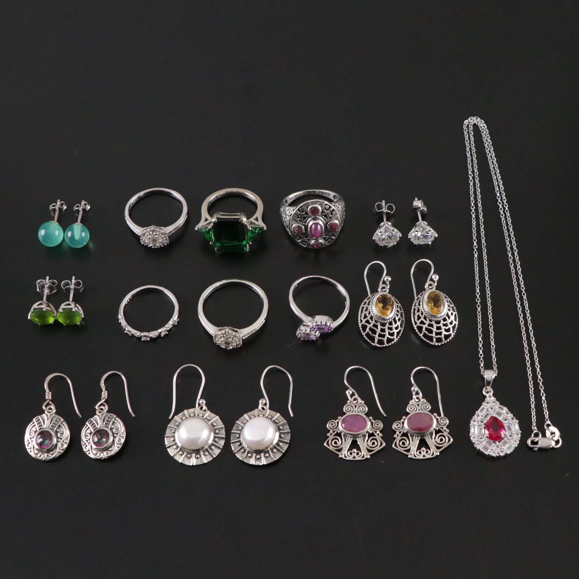 14 Assorted Sterling Silver Rings, Earrings and Necklace