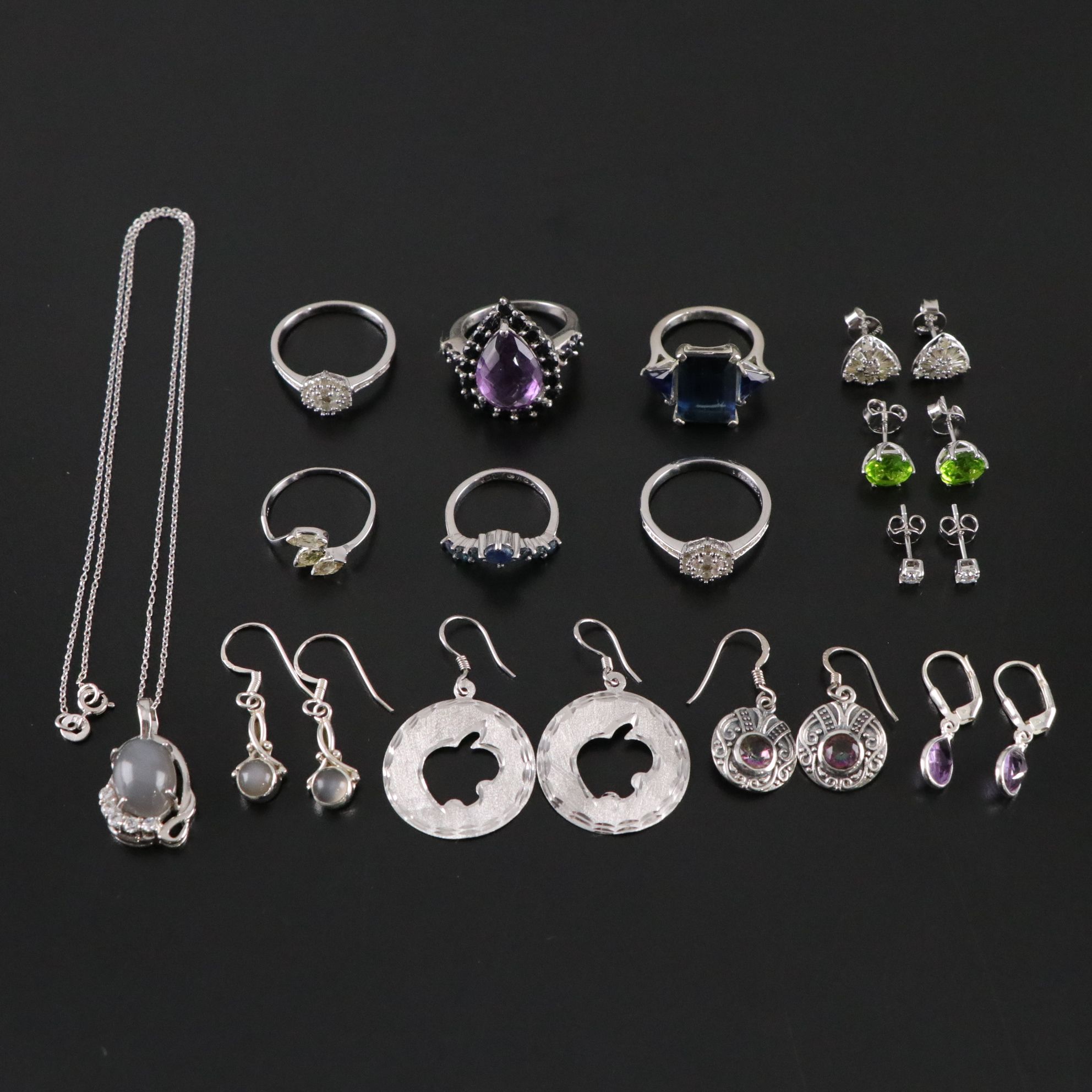 14 Assorted Sterling Silver Rings, Earrings and Necklace