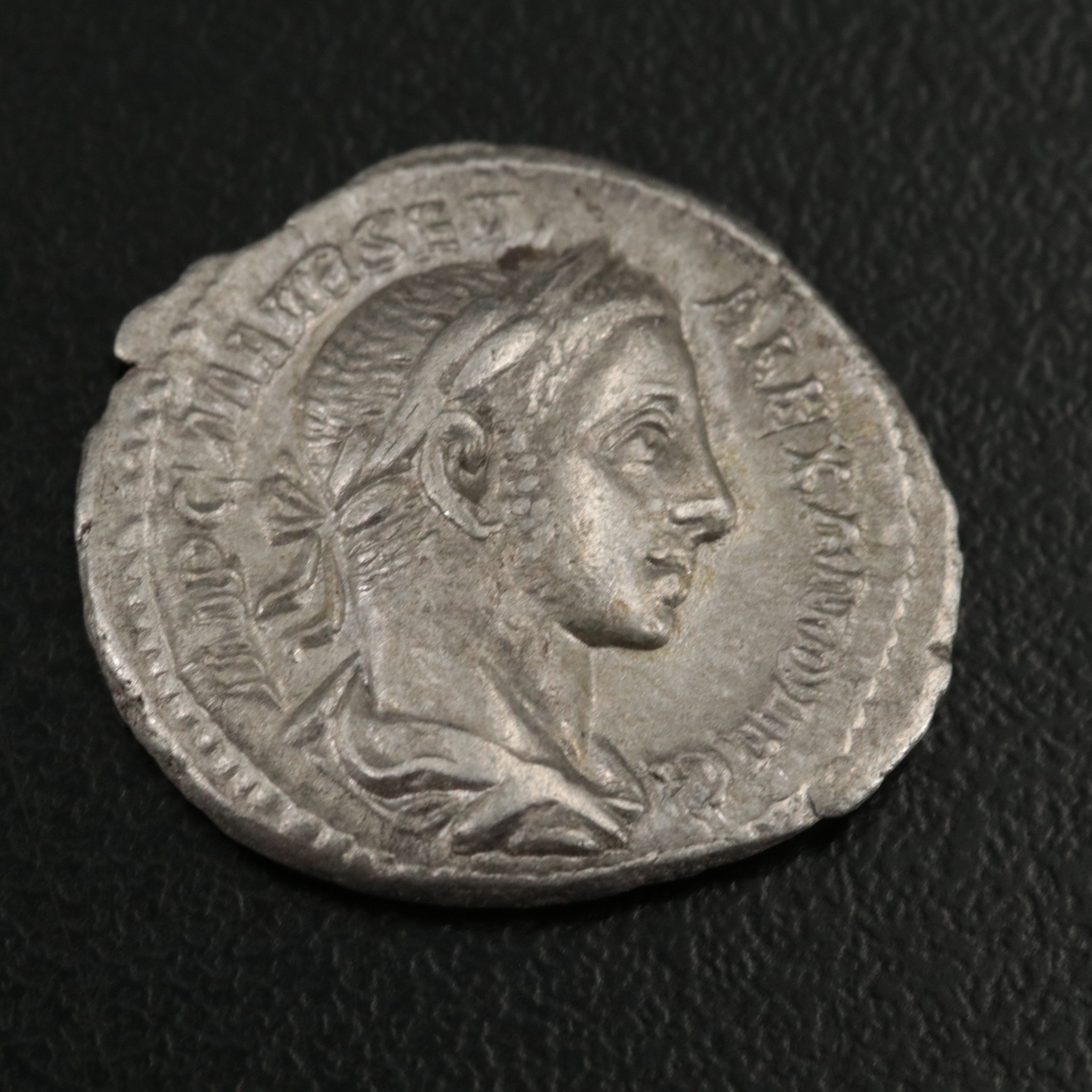 Ancient Roman Imperial AR Denarius Coin of Severus Alexander, ca. 225 A.D.