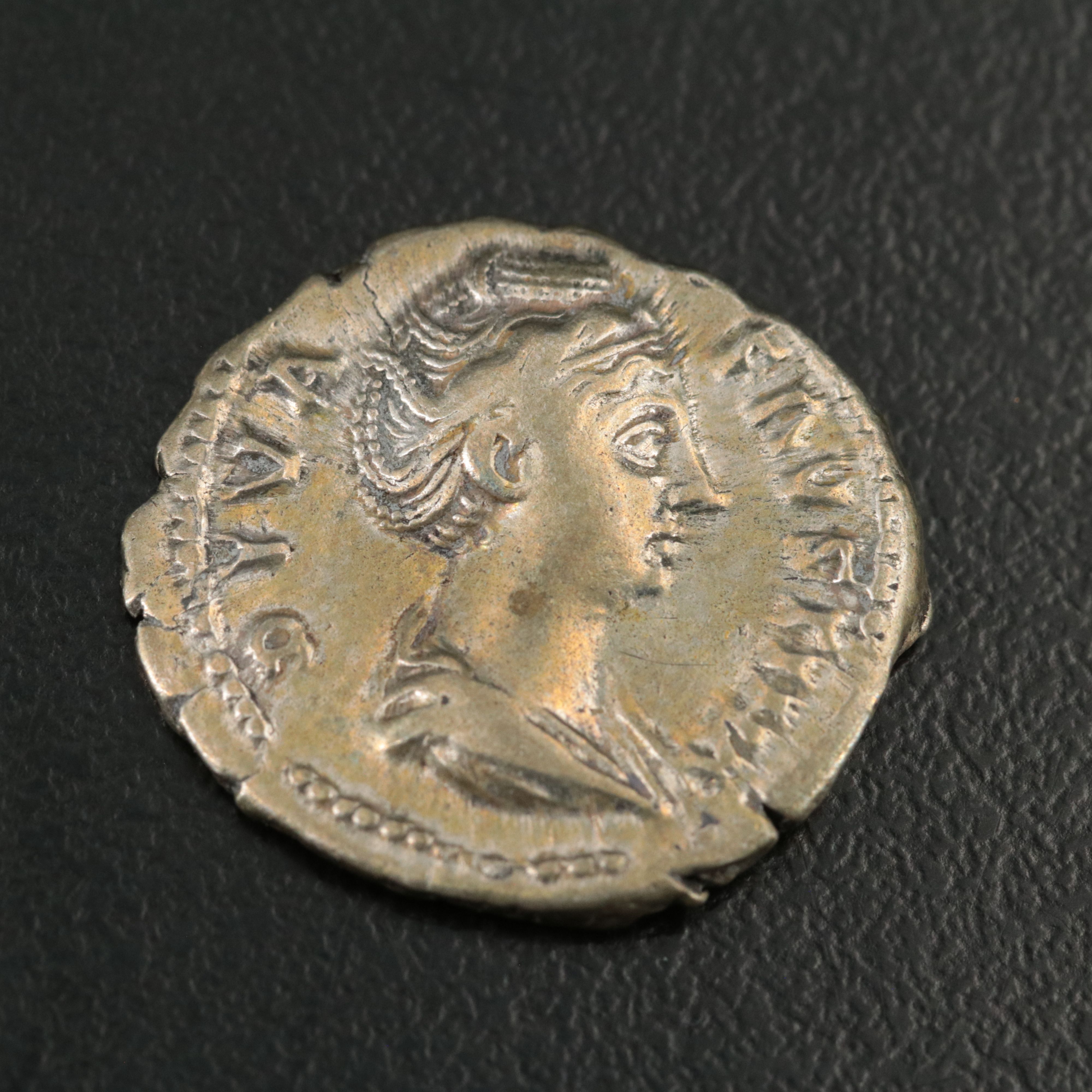 Ancient Roman Imperial AR Denarius Coin of Faustina I, ca. 141 A.D.