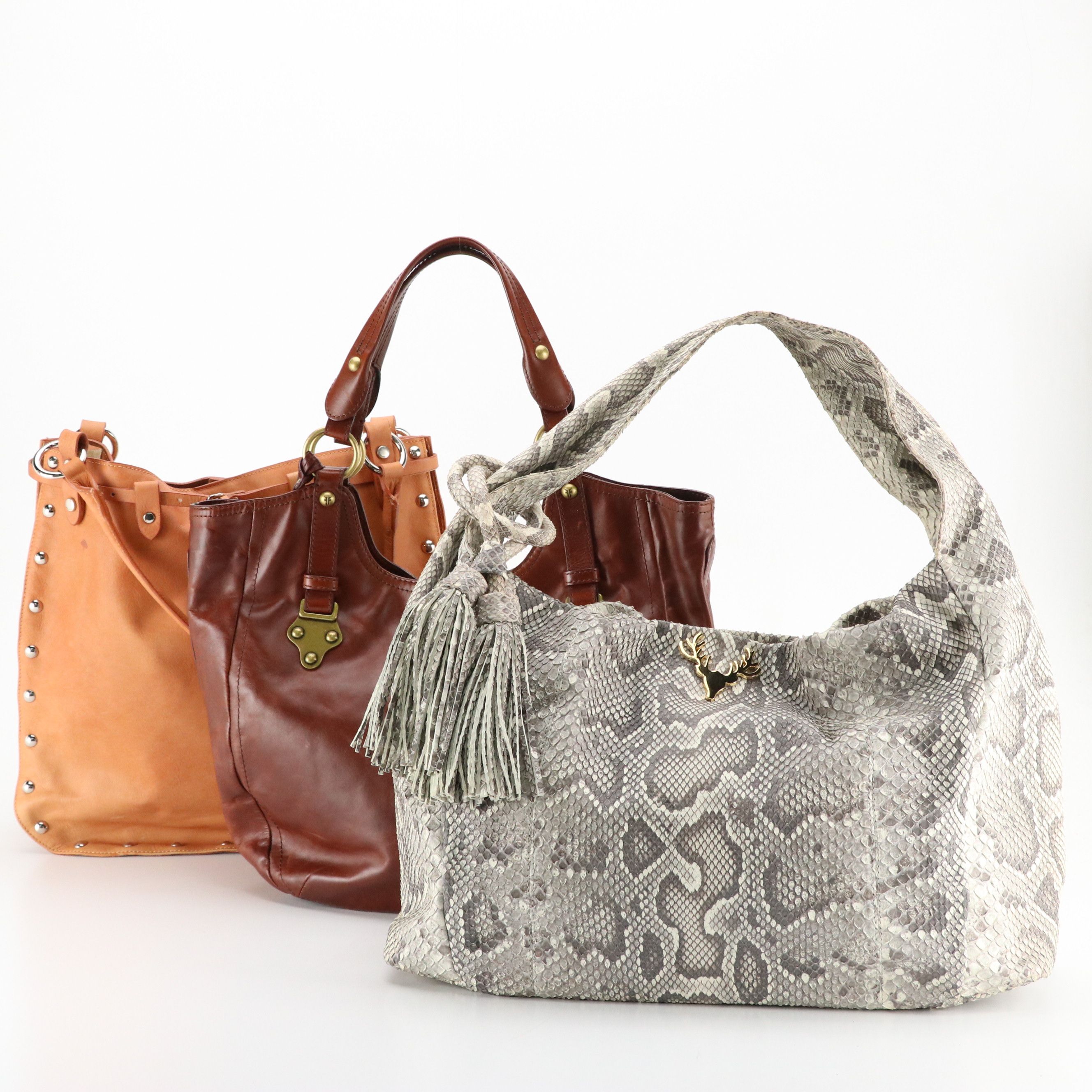 FRYE Cognac Leather "Clovertab" Shoulder Bag, Iaxidermy Snakeskin Hobo Bag, More