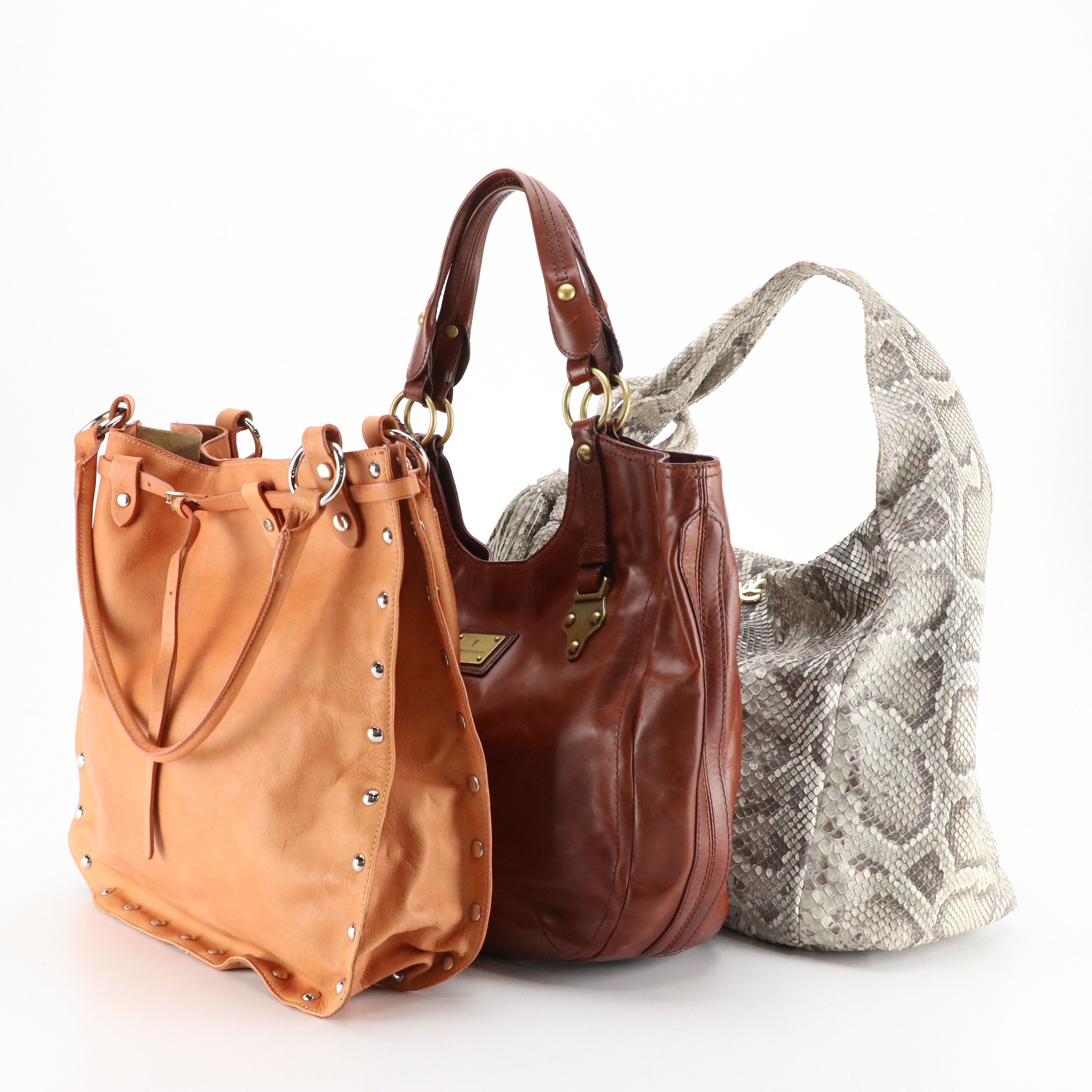 FRYE Cognac Leather "Clovertab" Shoulder Bag, Iaxidermy Snakeskin Hobo Bag, More