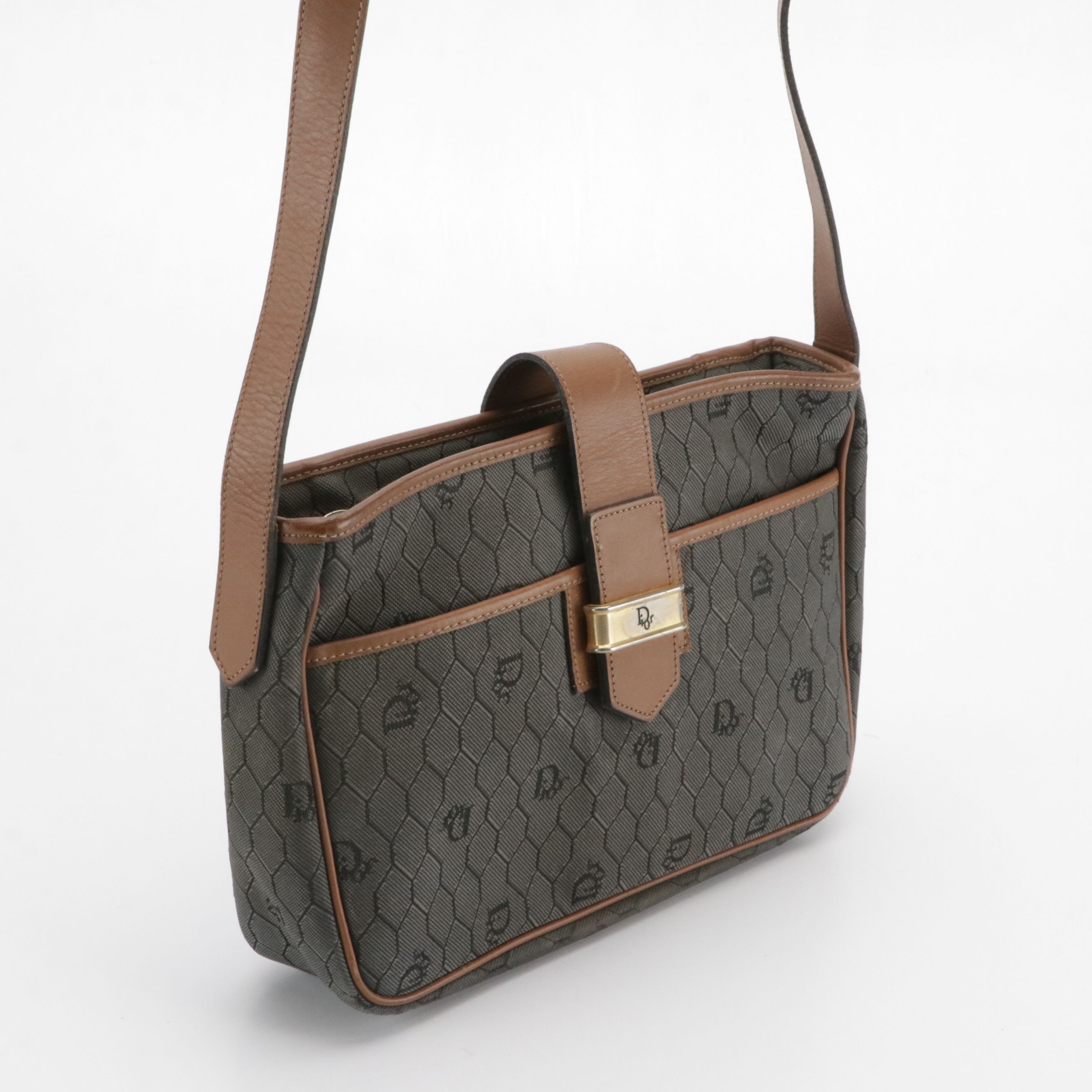 Christian Dior Gray Honeycomb Canvas and Brown Leather Crossbody Bag