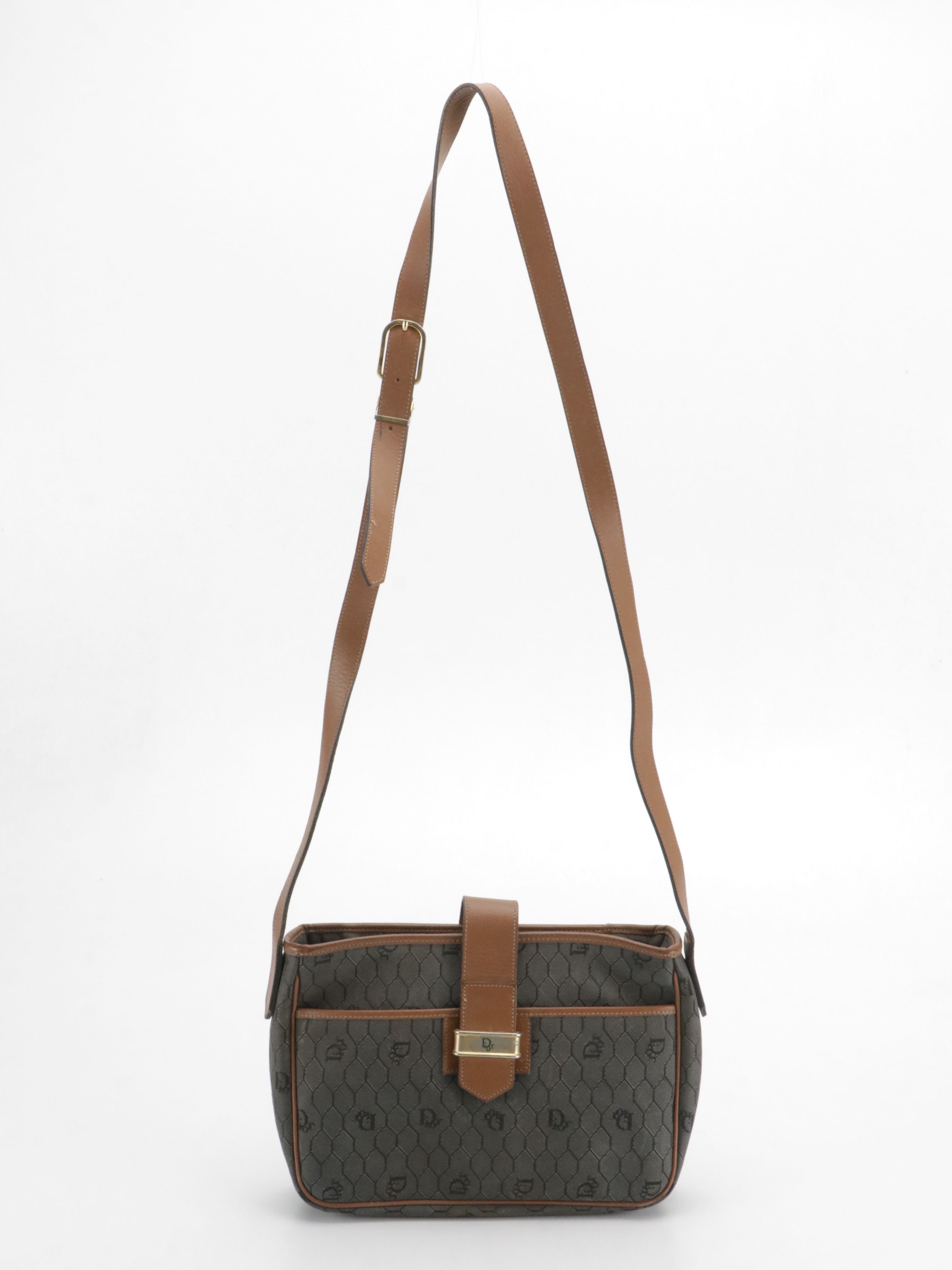Christian Dior Gray Honeycomb Canvas and Brown Leather Crossbody Bag