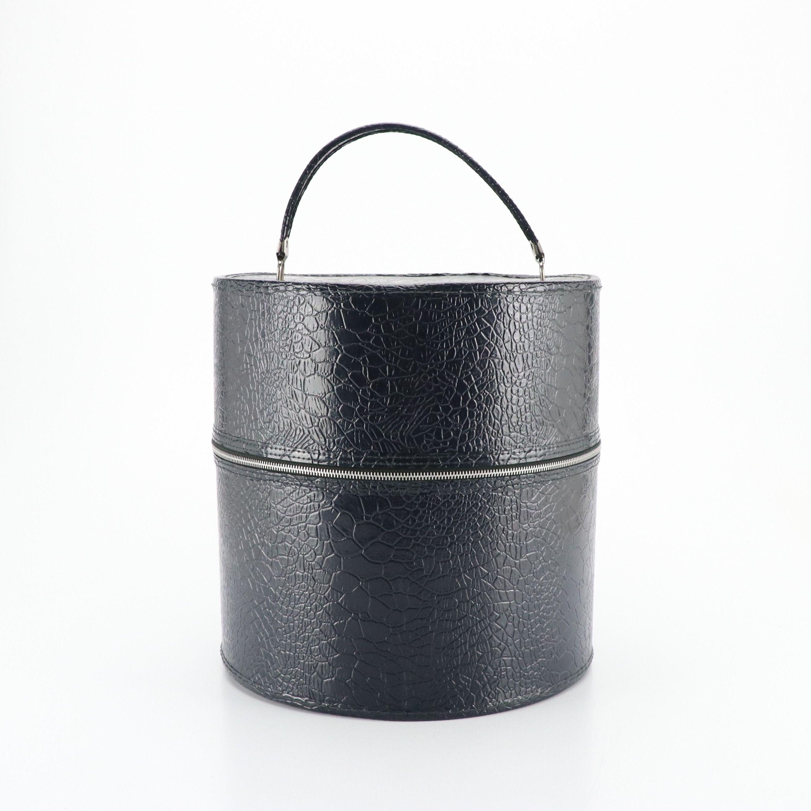 Vintage Navy Blue Croc Embossed Leather Hat Box