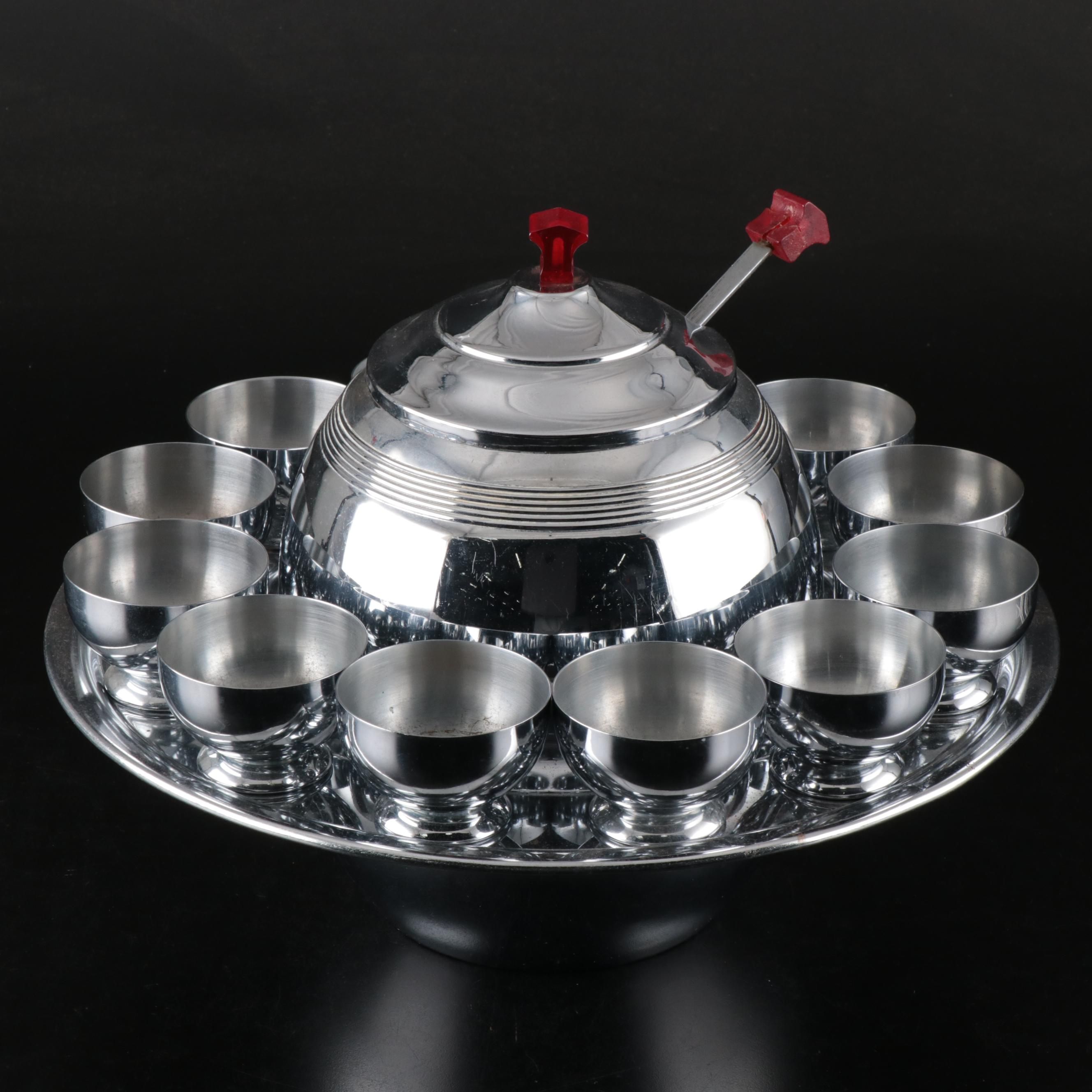 Art Deco Saturn Ring Stainless Steel Punch Bowl and Ladle with Chase Brass Cups