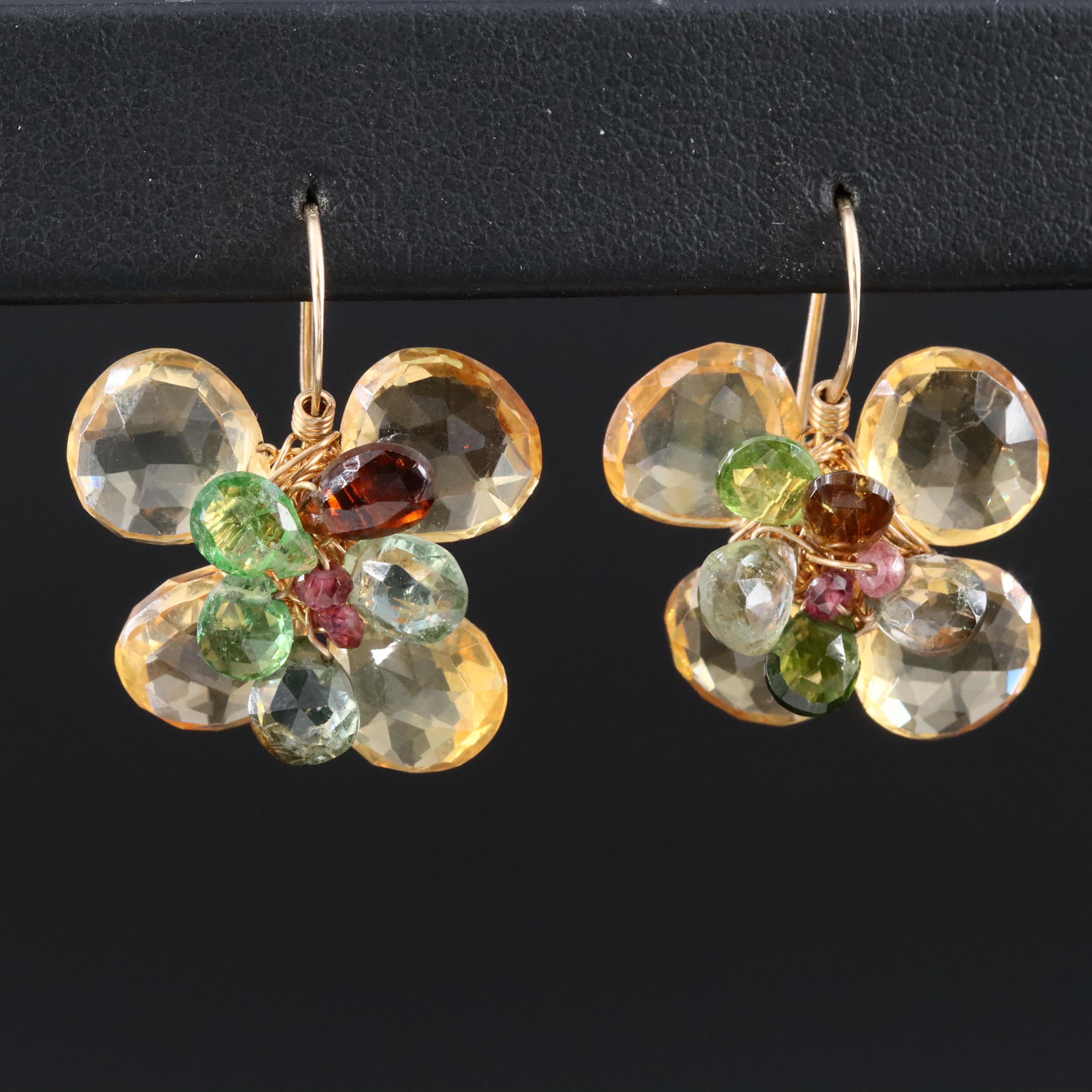 14K Gold Filled Cluster Citrine, Tourmaline and Rhodolite Garnet Drop Earrings