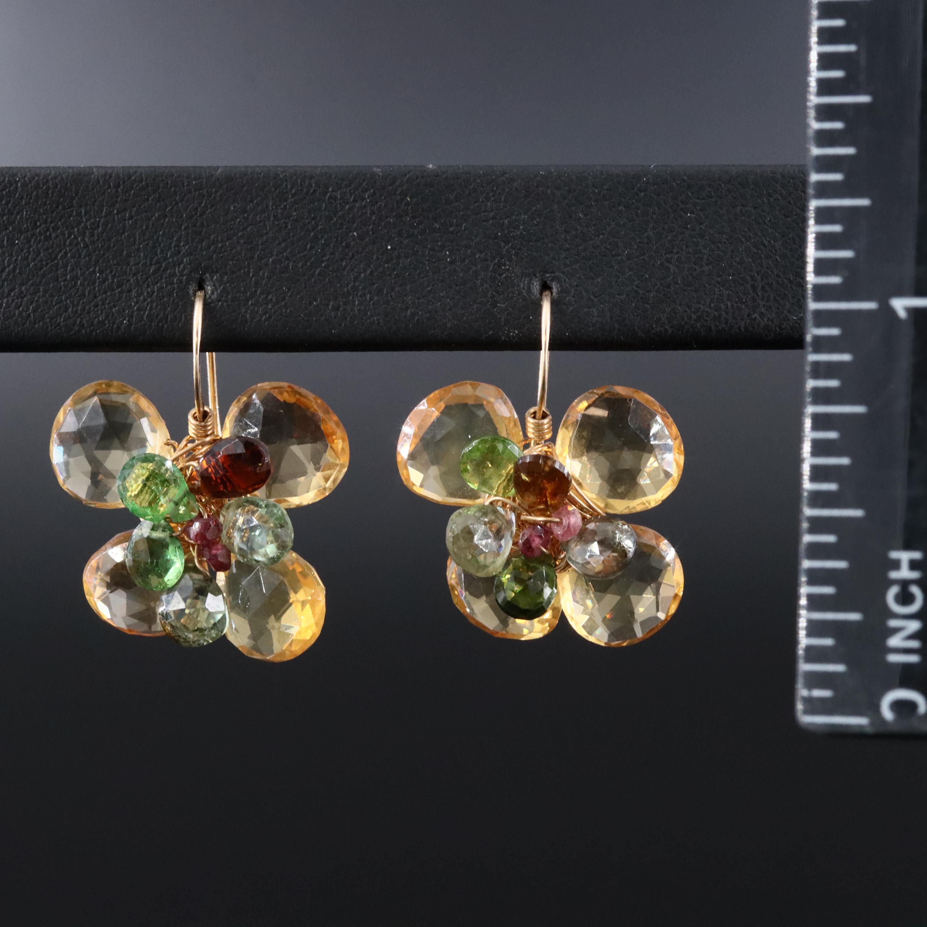 14K Gold Filled Cluster Citrine, Tourmaline and Rhodolite Garnet Drop Earrings
