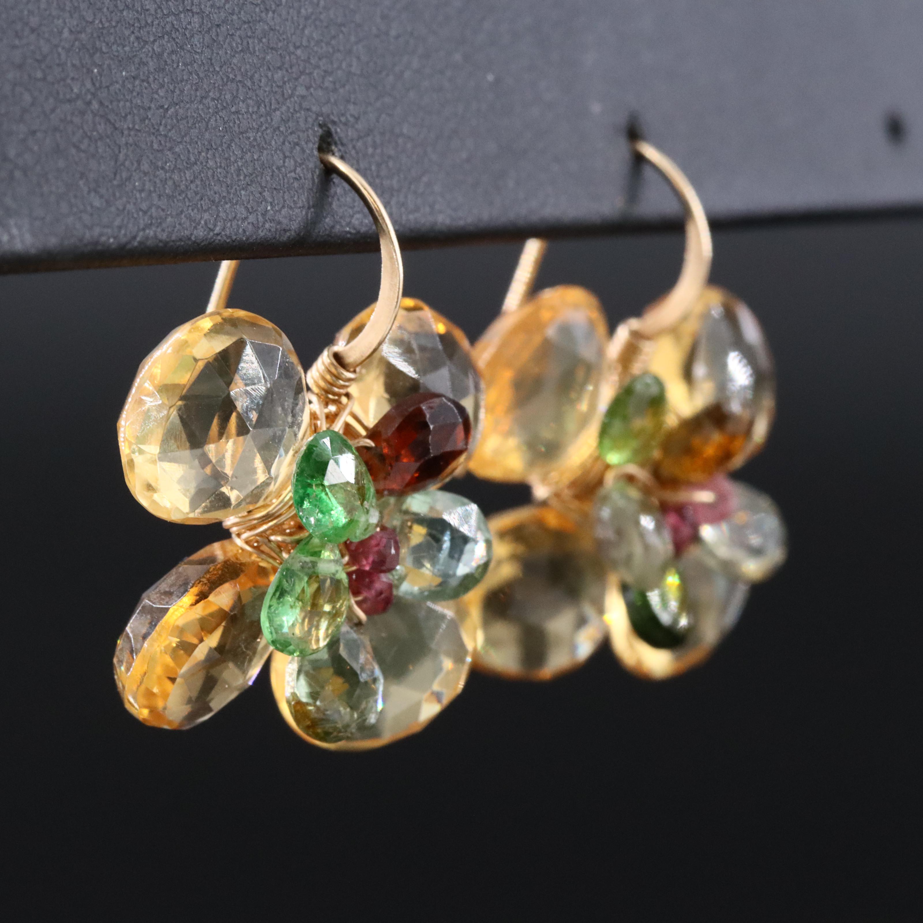 14K Gold Filled Cluster Citrine, Tourmaline and Rhodolite Garnet Drop Earrings