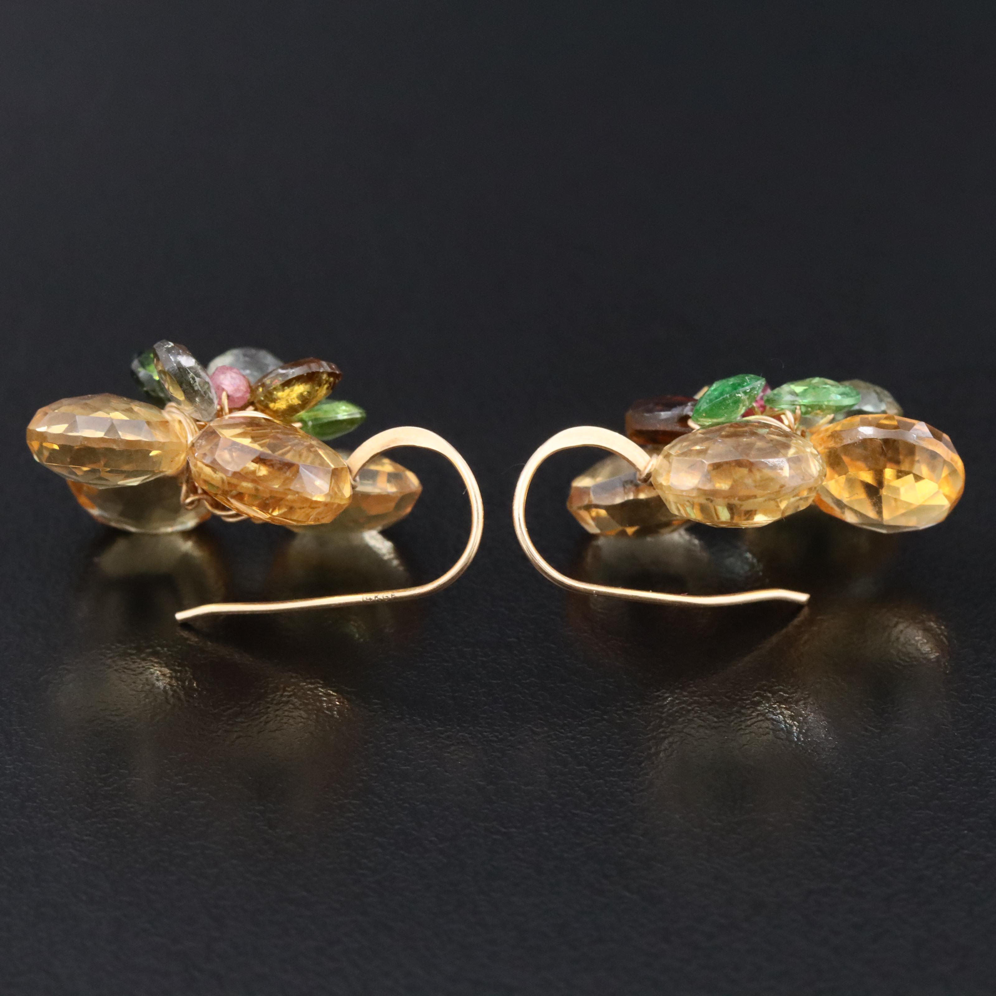 14K Gold Filled Cluster Citrine, Tourmaline and Rhodolite Garnet Drop Earrings