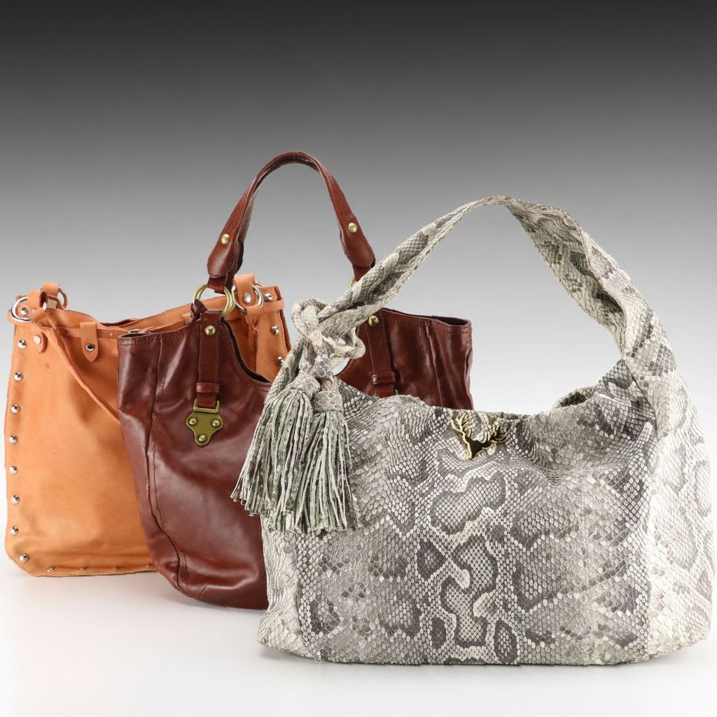 FRYE Cognac Leather "Clovertab" Shoulder Bag, Iaxidermy Snakeskin Hobo Bag, More