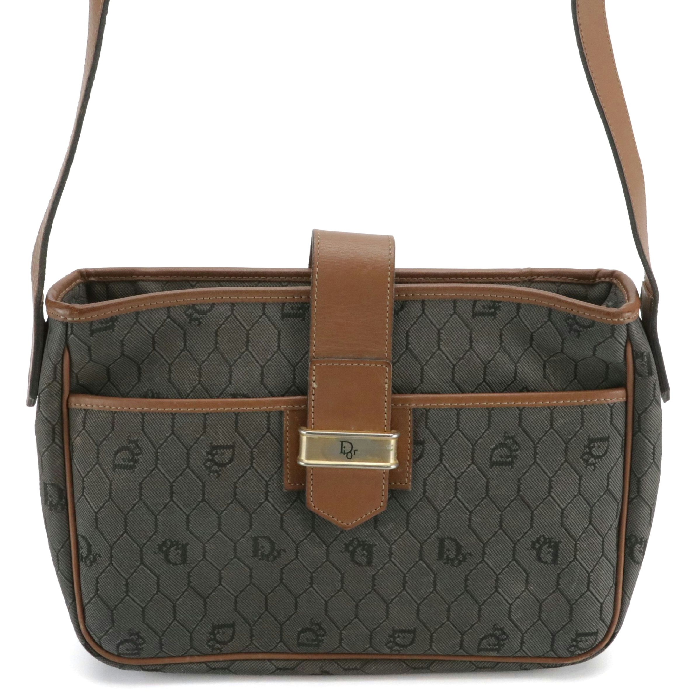 Christian Dior Gray Honeycomb Canvas and Brown Leather Crossbody Bag