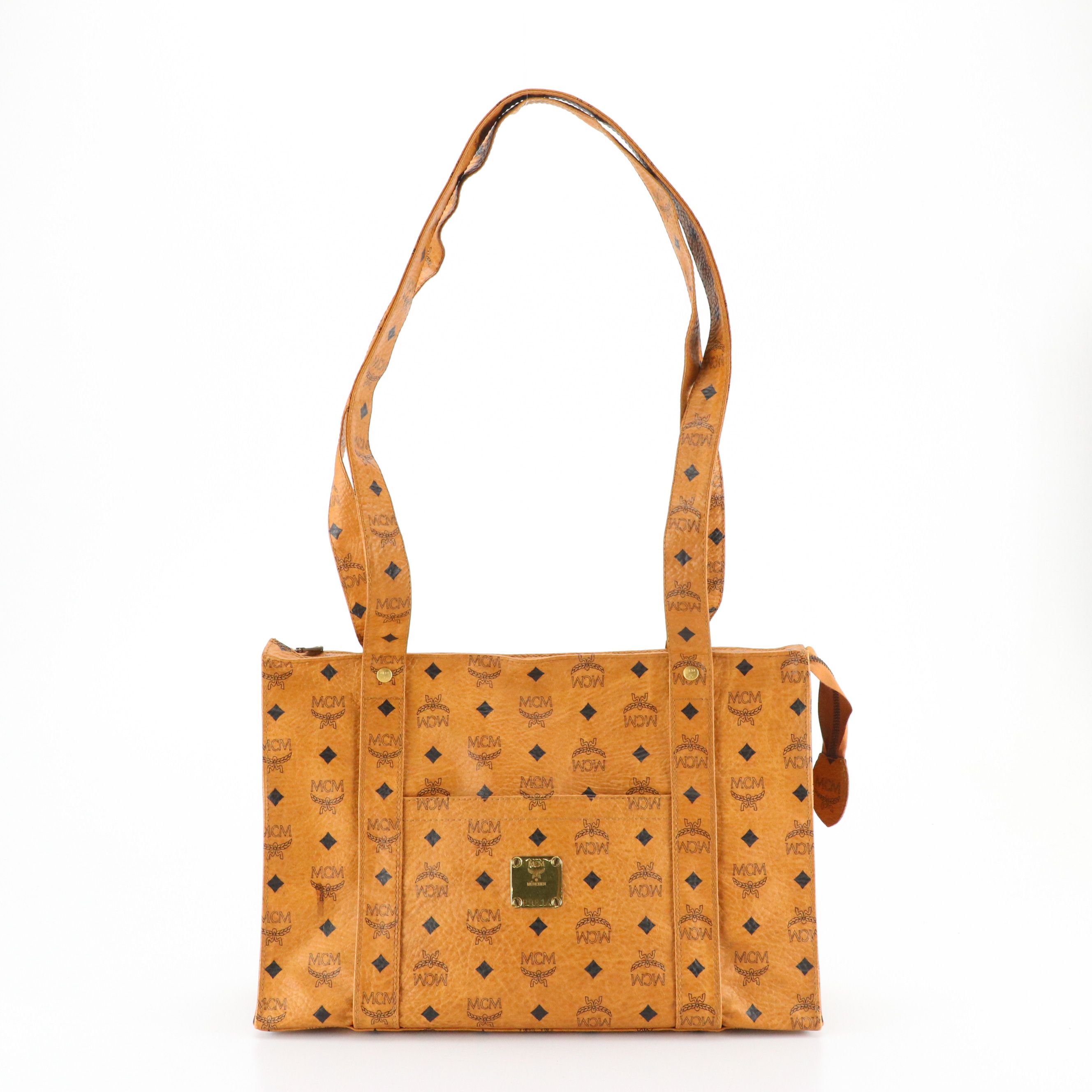 MCM Long Handle Medium Tote Bag in Cognac Visetos Canvas
