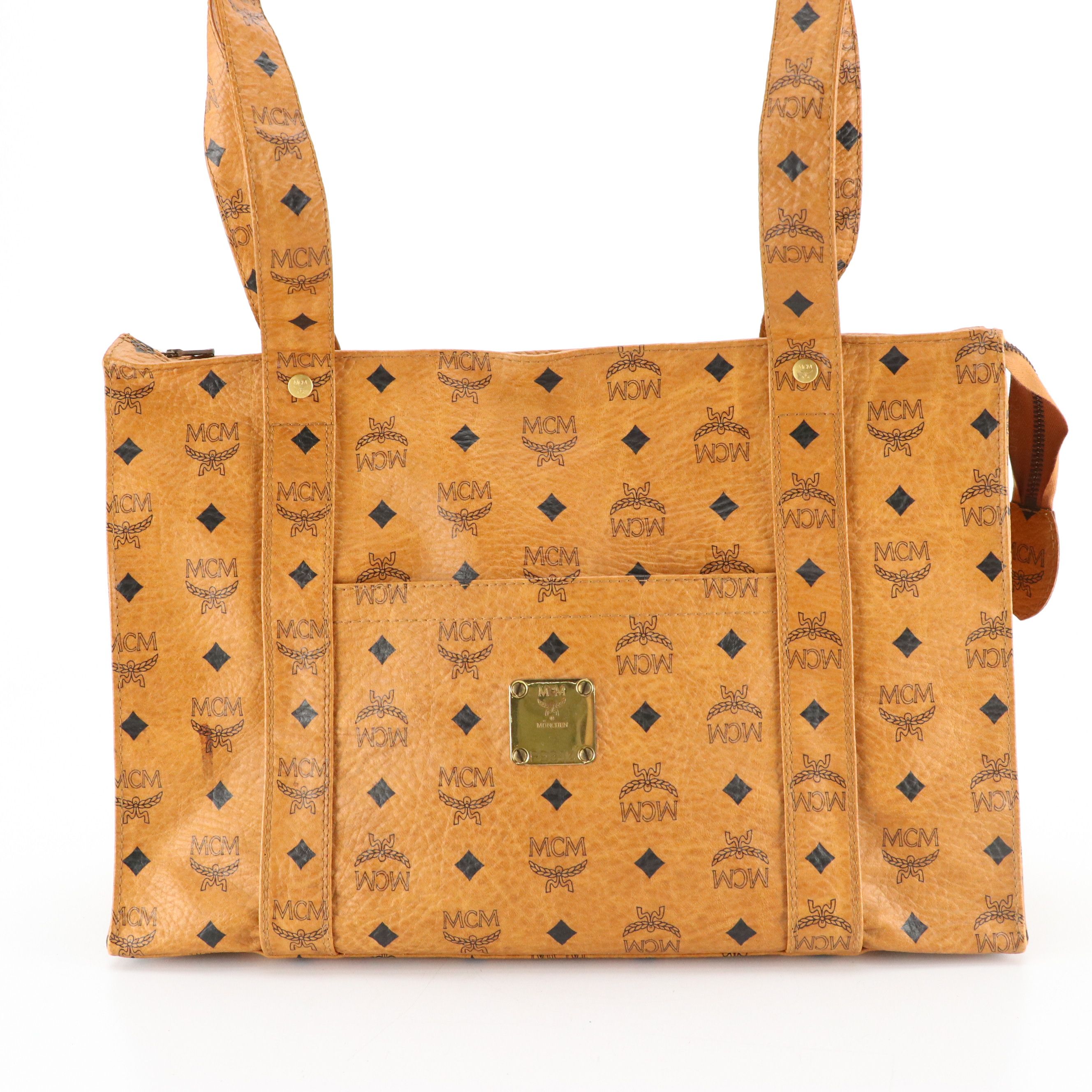 MCM Long Handle Medium Tote Bag in Cognac Visetos Canvas