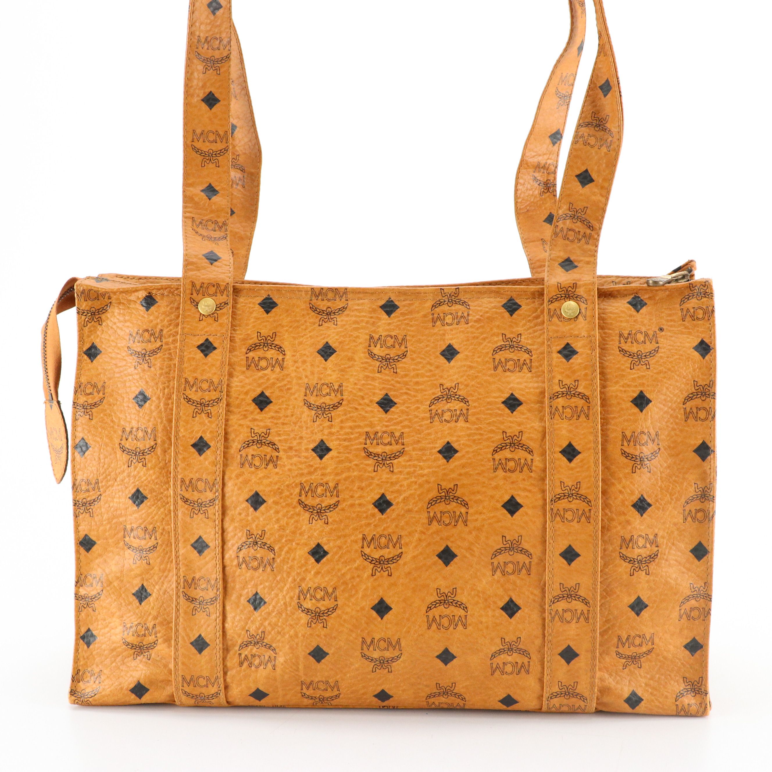 MCM Long Handle Medium Tote Bag in Cognac Visetos Canvas