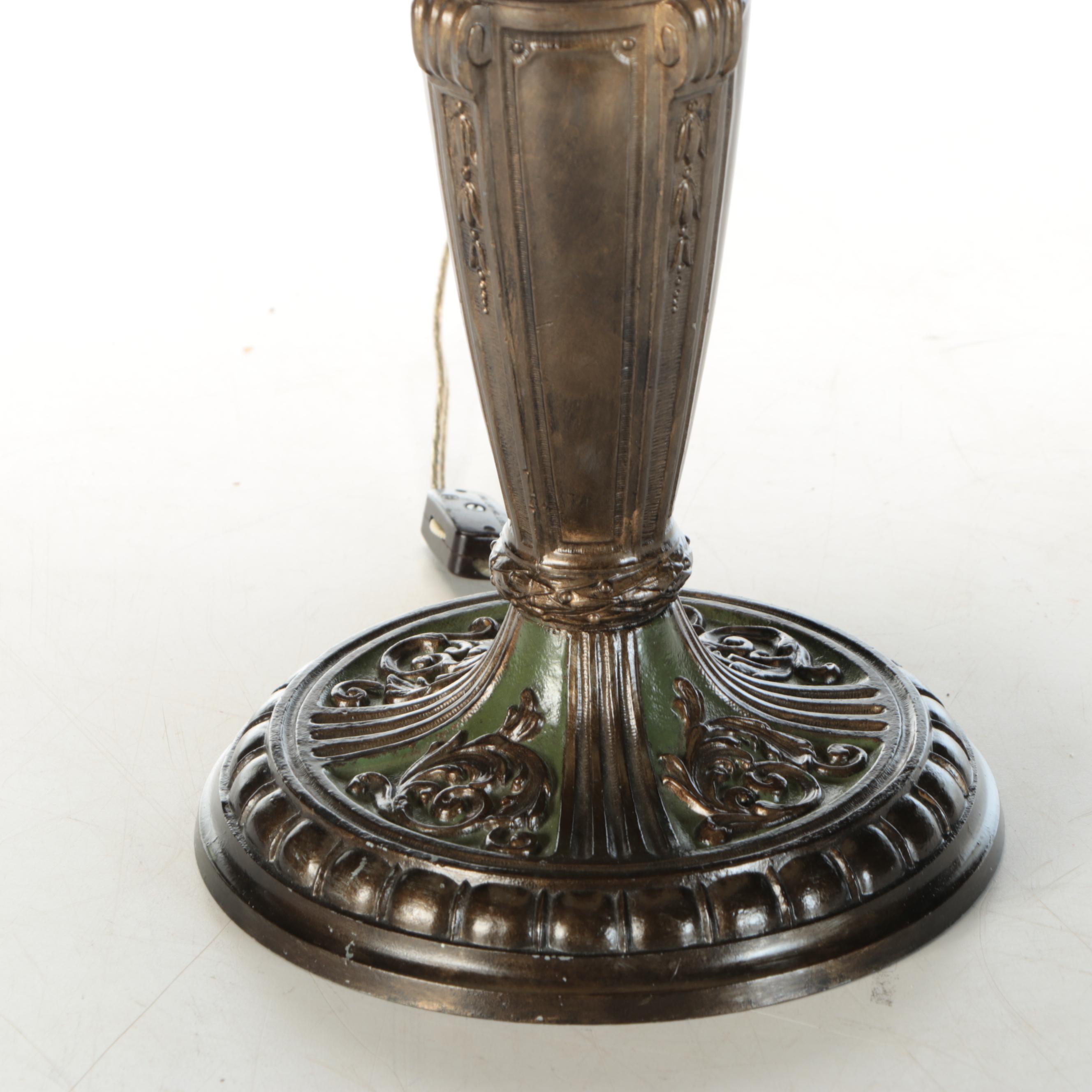 Miller Attr. Patinated Spelter Table Lamp with Bent Panel Slag Glass Shade