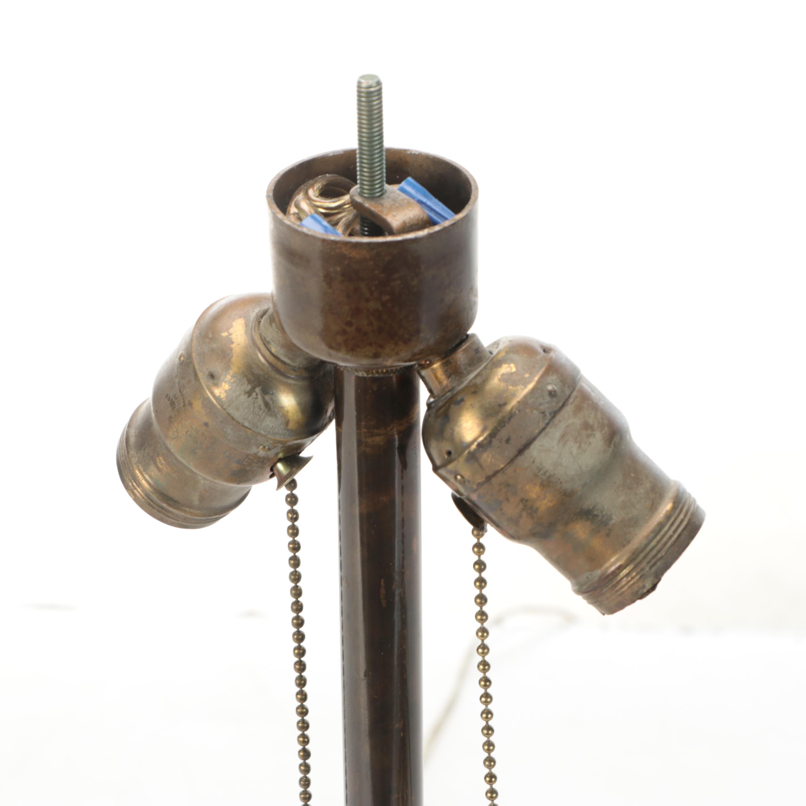 Miller Attr. Patinated Spelter Table Lamp with Bent Panel Slag Glass Shade