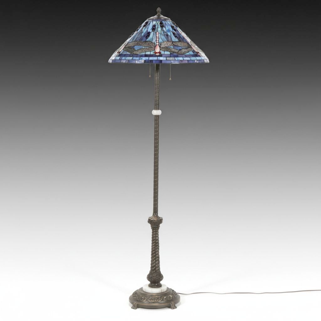 Victorian Style Floor Lamp with Stained Glass Dragonfly Shade