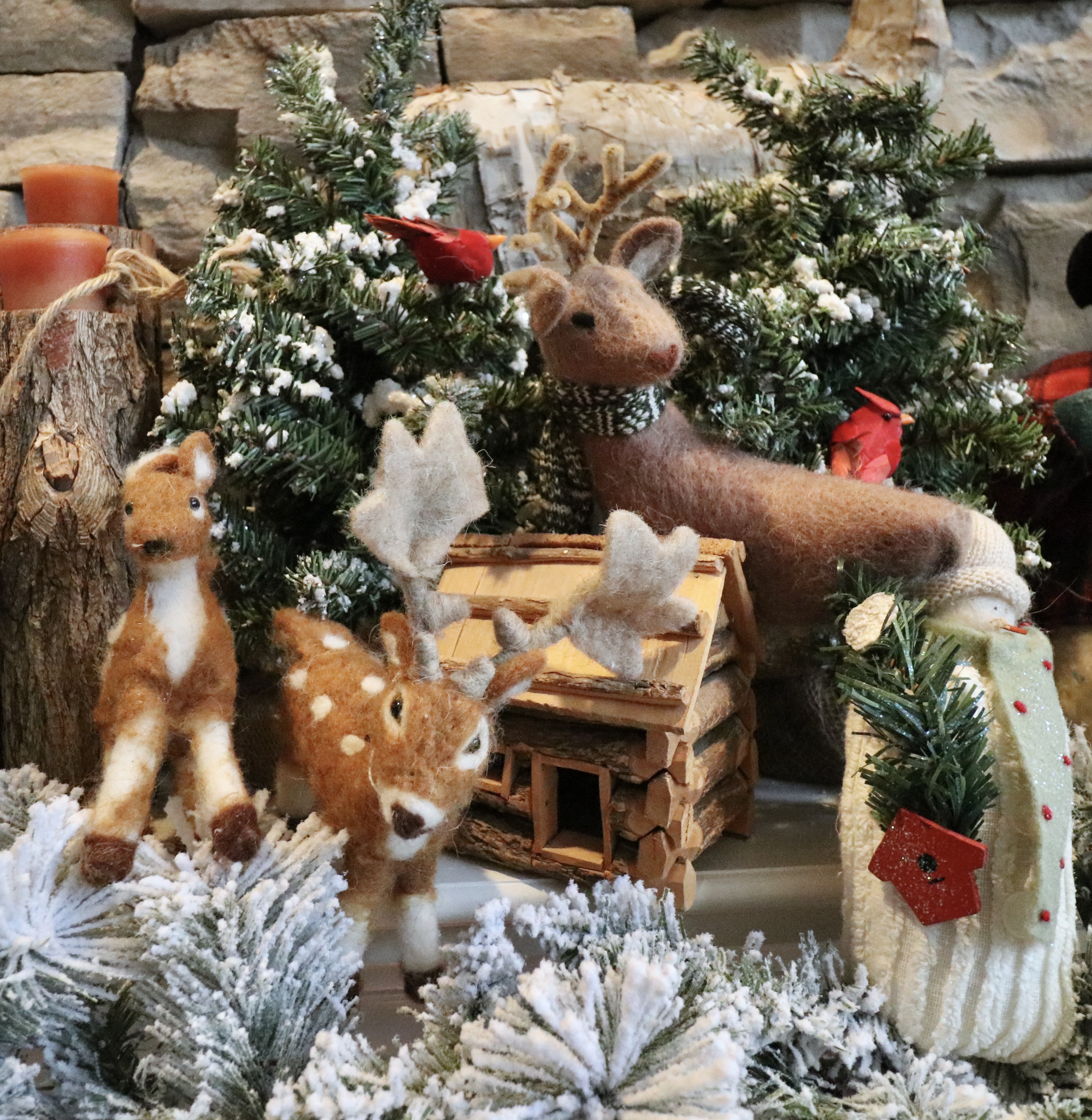 Woodland Christmas Mantel Decor with Flocked Garland
