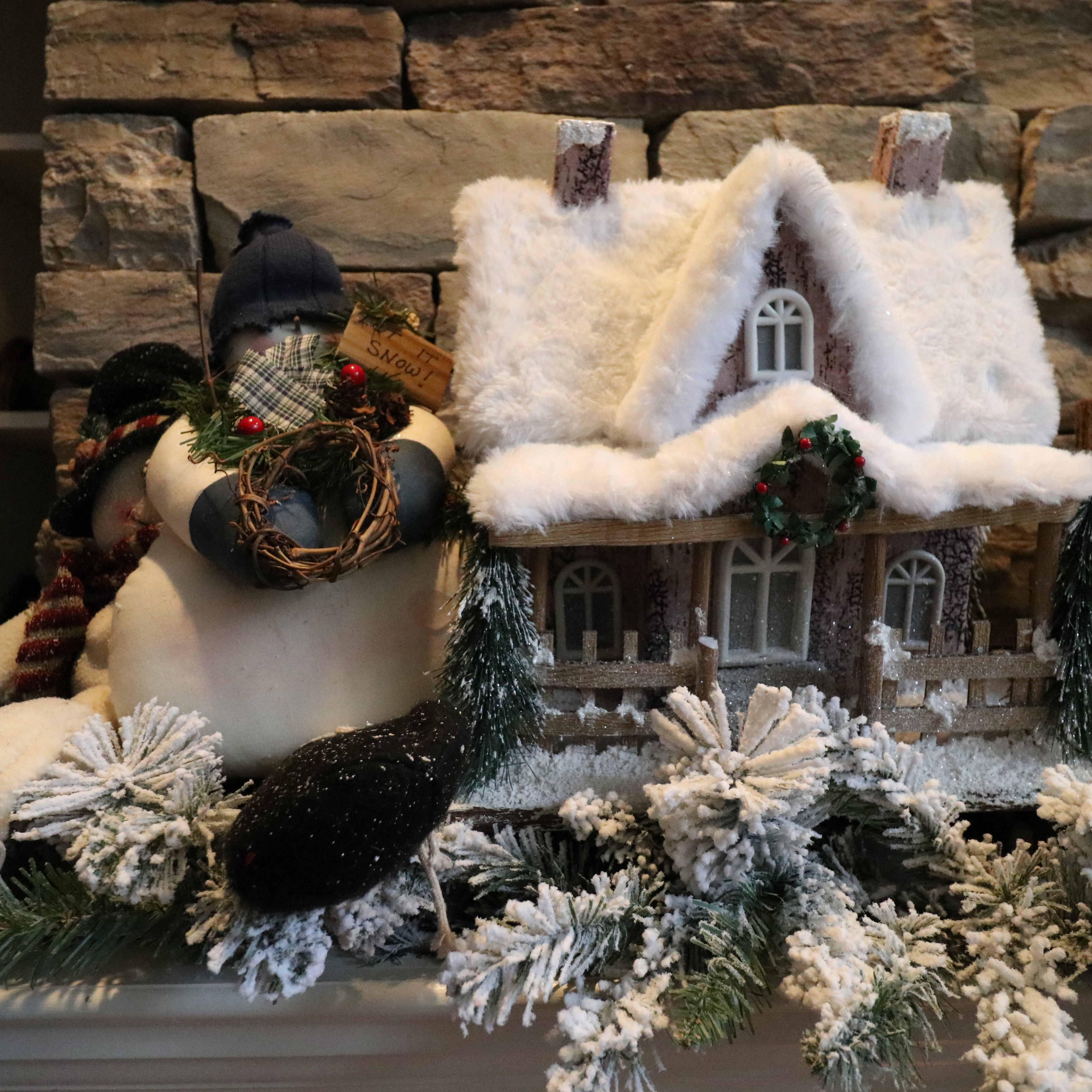 Woodland Christmas Mantel Decor with Flocked Garland