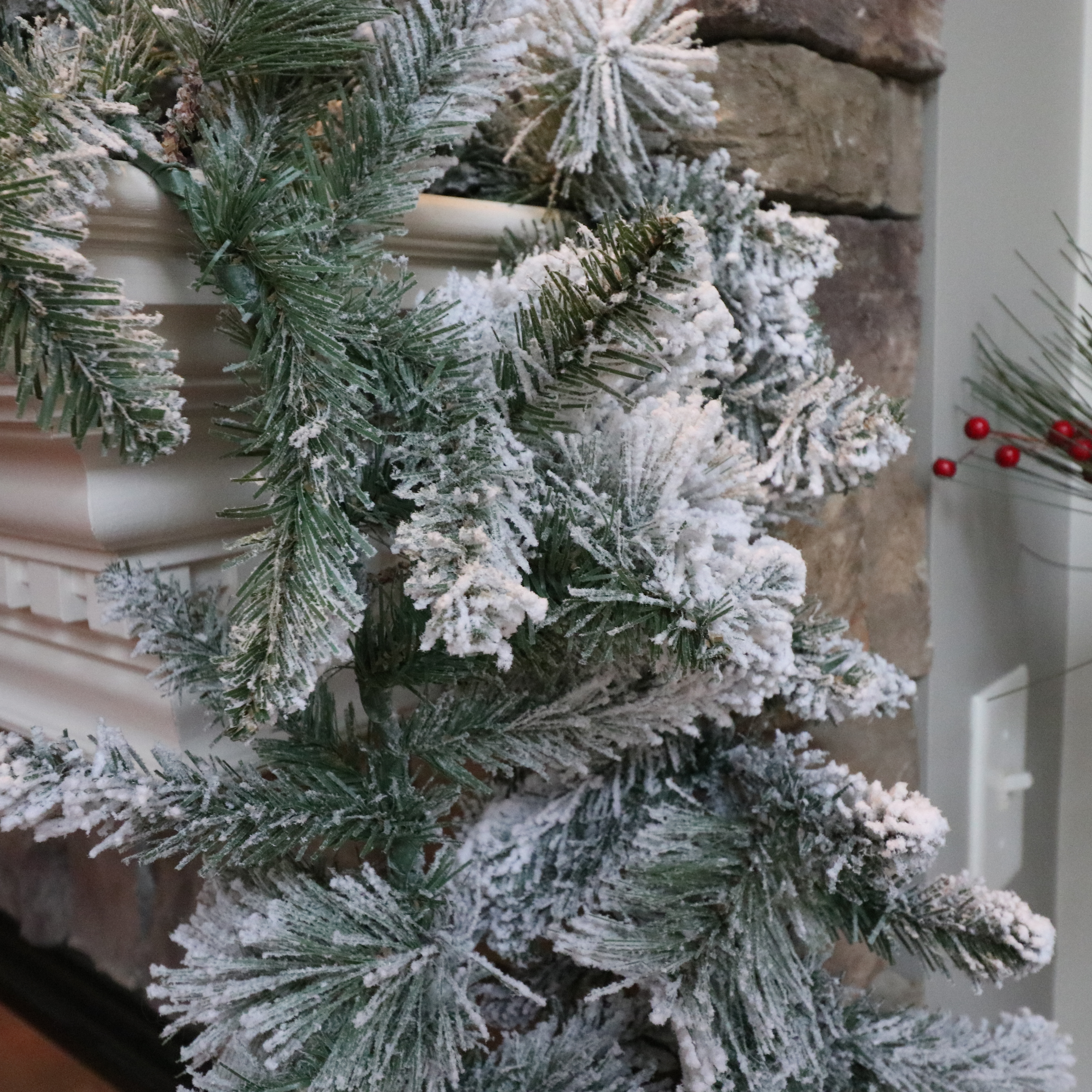 Woodland Christmas Mantel Decor with Flocked Garland