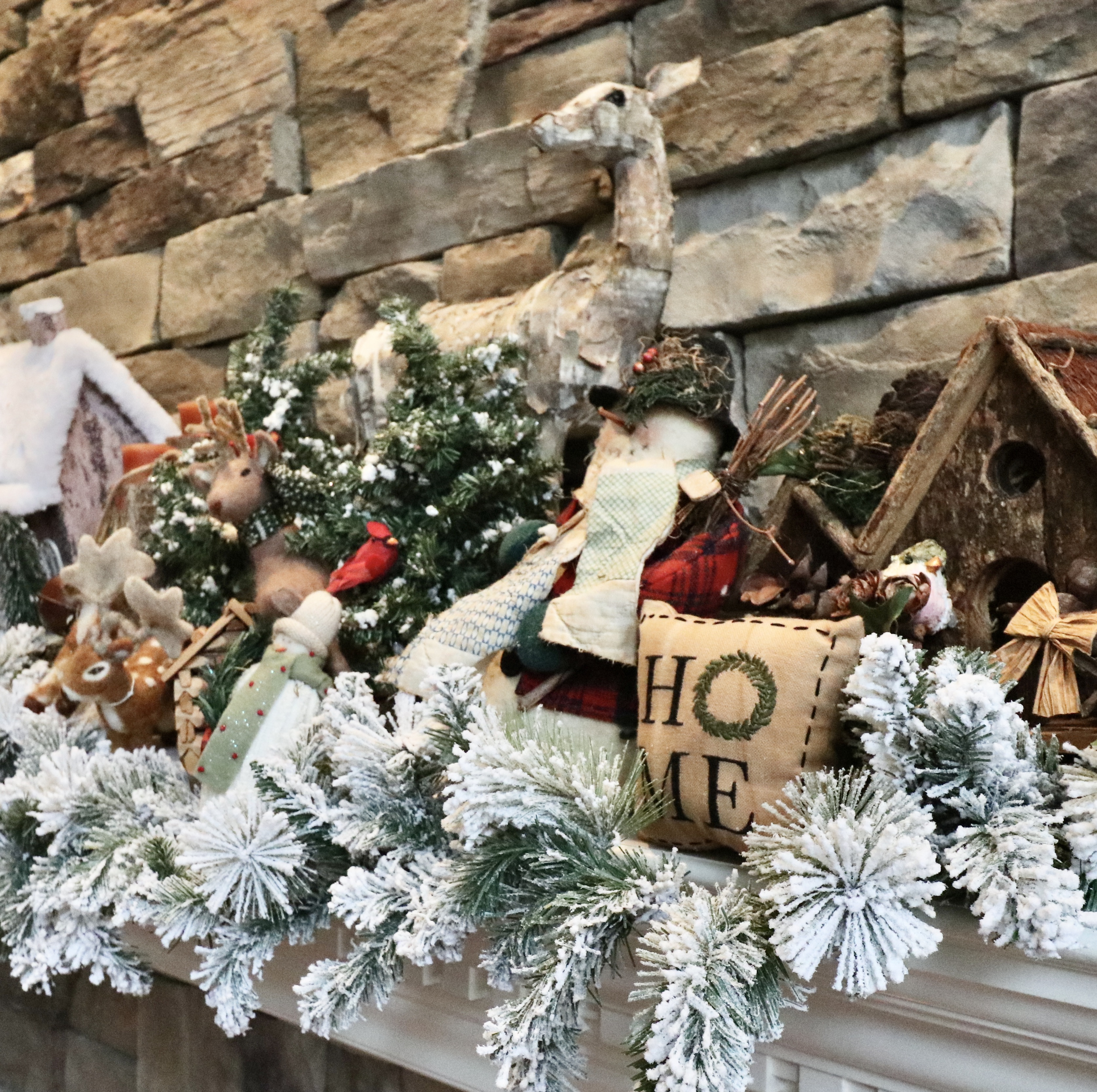 Woodland Christmas Mantel Decor with Flocked Garland