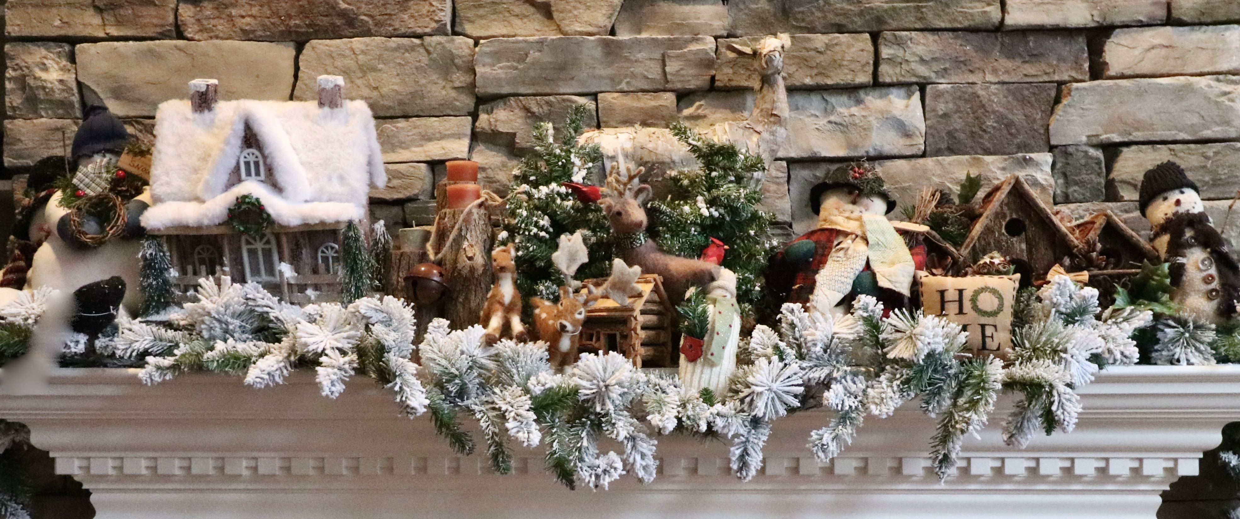Woodland Christmas Mantel Decor with Flocked Garland