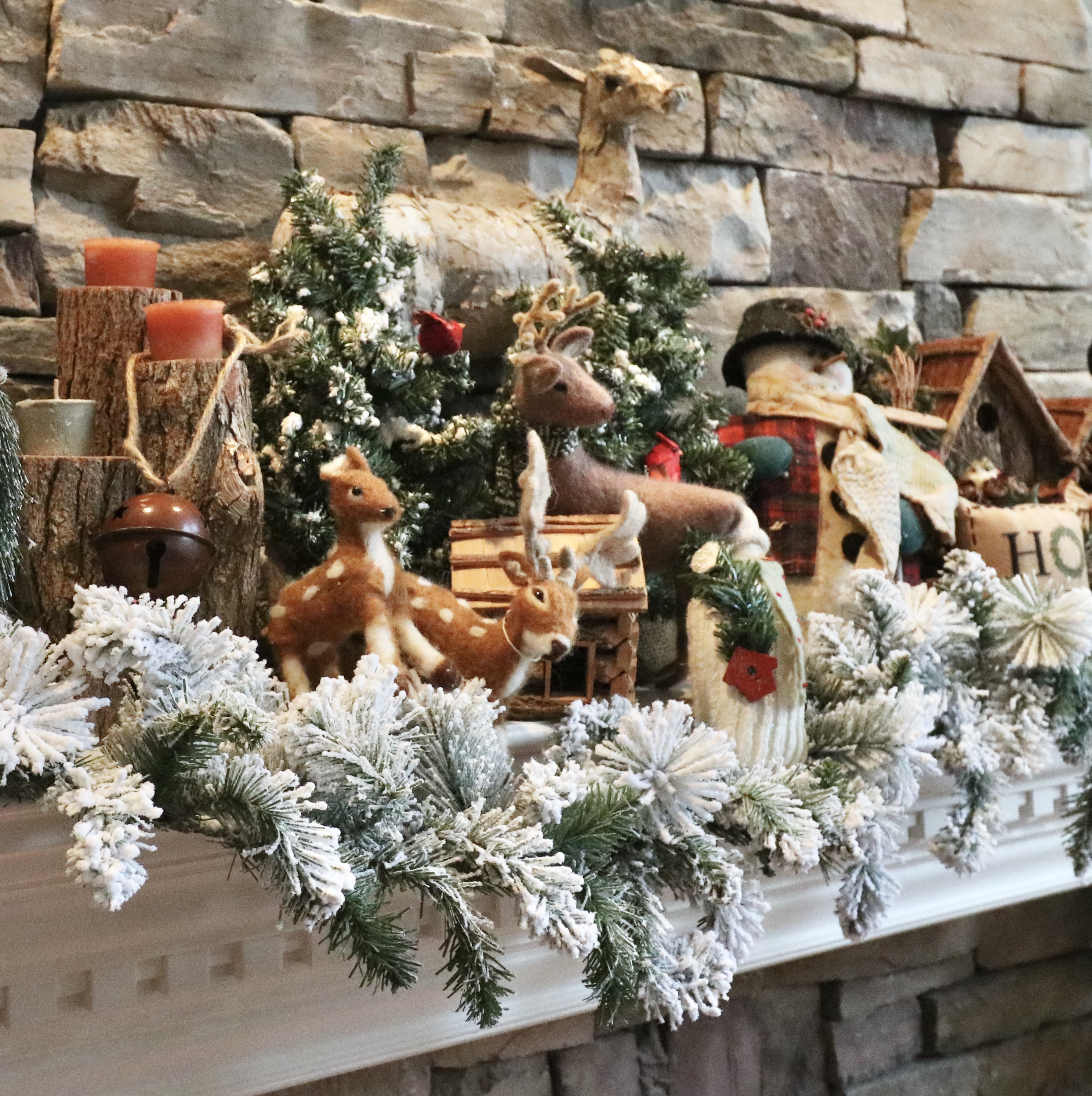 Woodland Christmas Mantel Decor with Flocked Garland