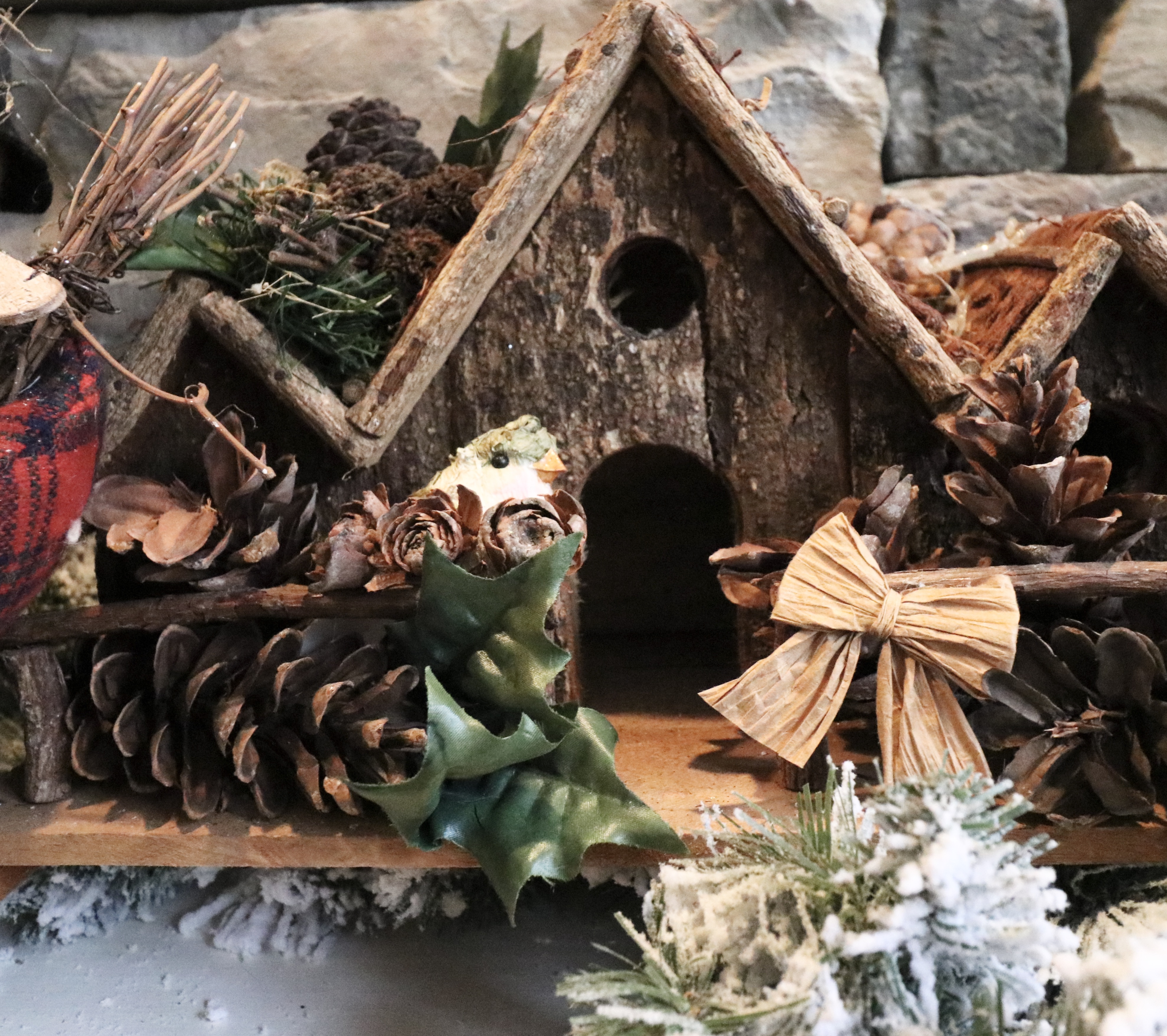 Woodland Christmas Mantel Decor with Flocked Garland