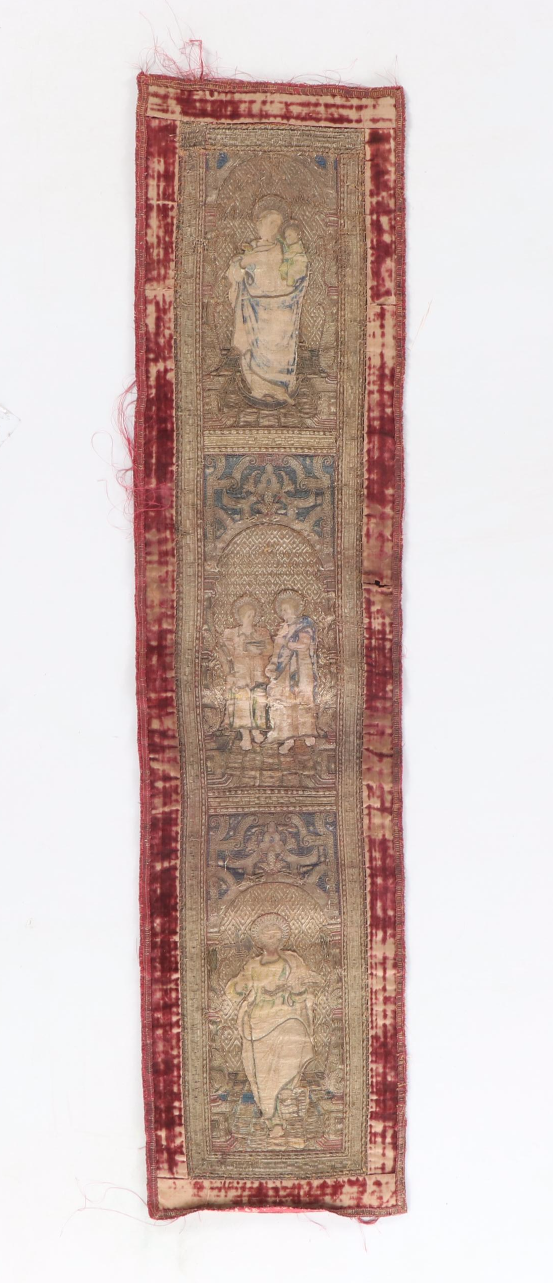 Antique Clerical Three-Panel Religious Goldwork Orphrey Band, 17th Century