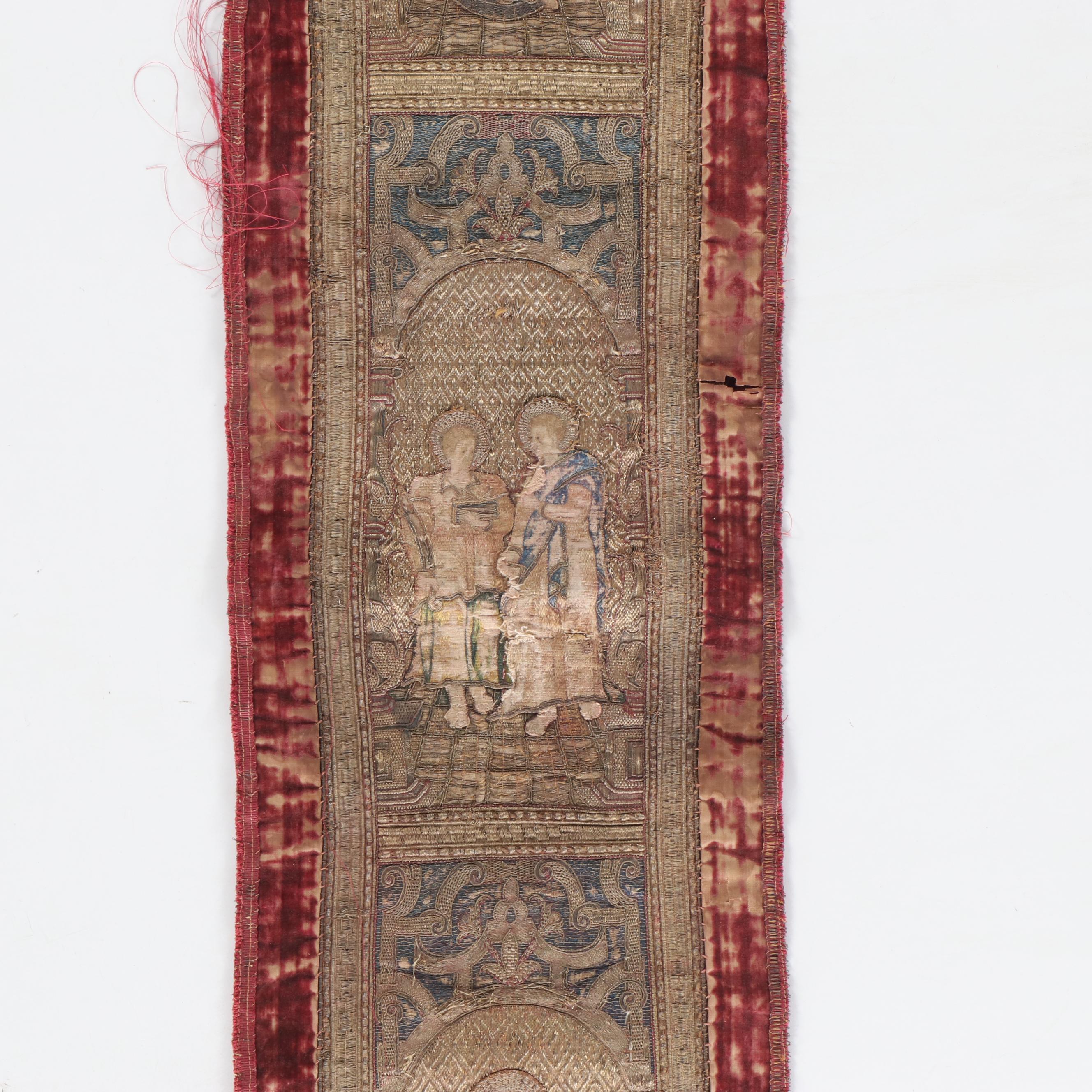 Antique Clerical Three-Panel Religious Goldwork Orphrey Band, 17th Century