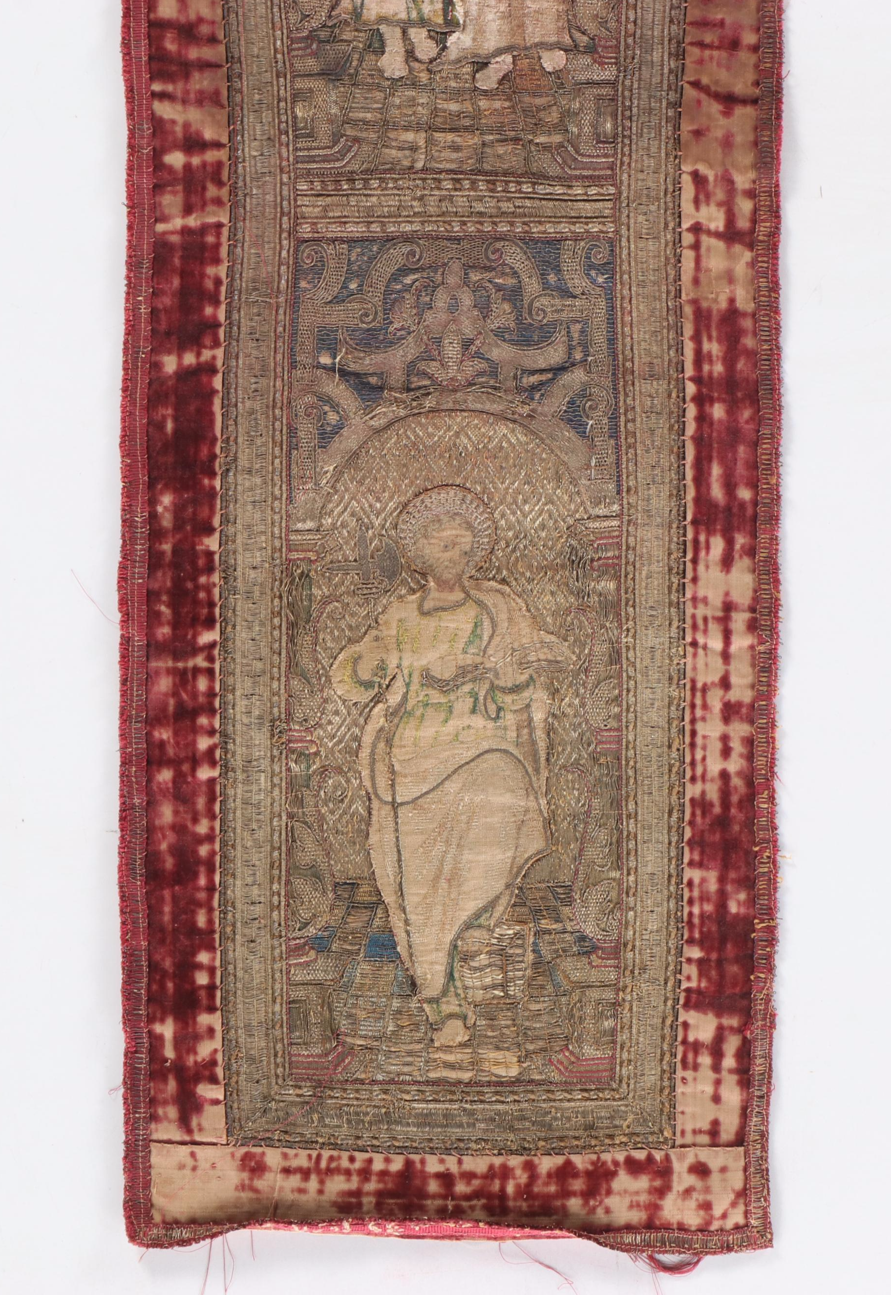 Antique Clerical Three-Panel Religious Goldwork Orphrey Band, 17th Century