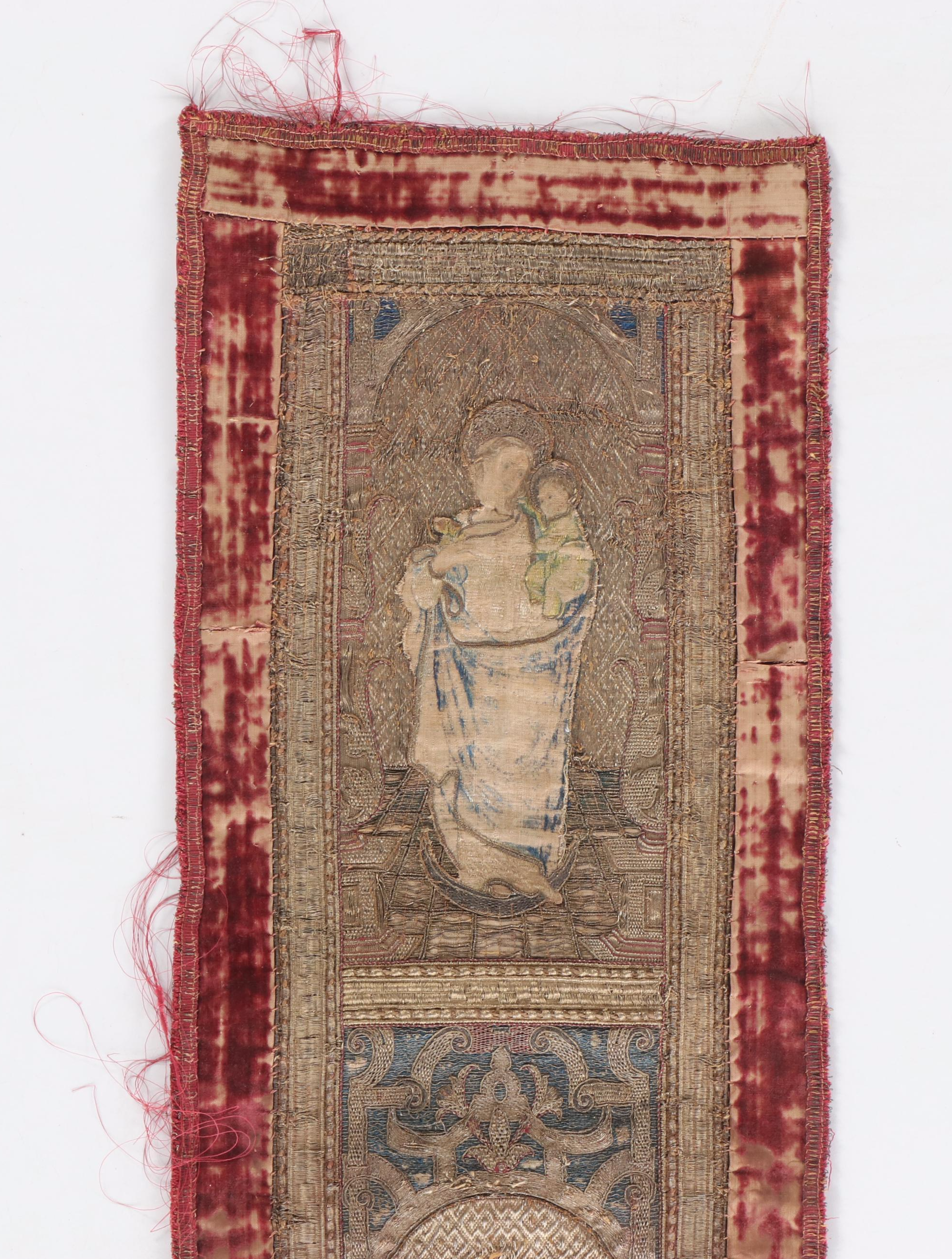 Antique Clerical Three-Panel Religious Goldwork Orphrey Band, 17th Century