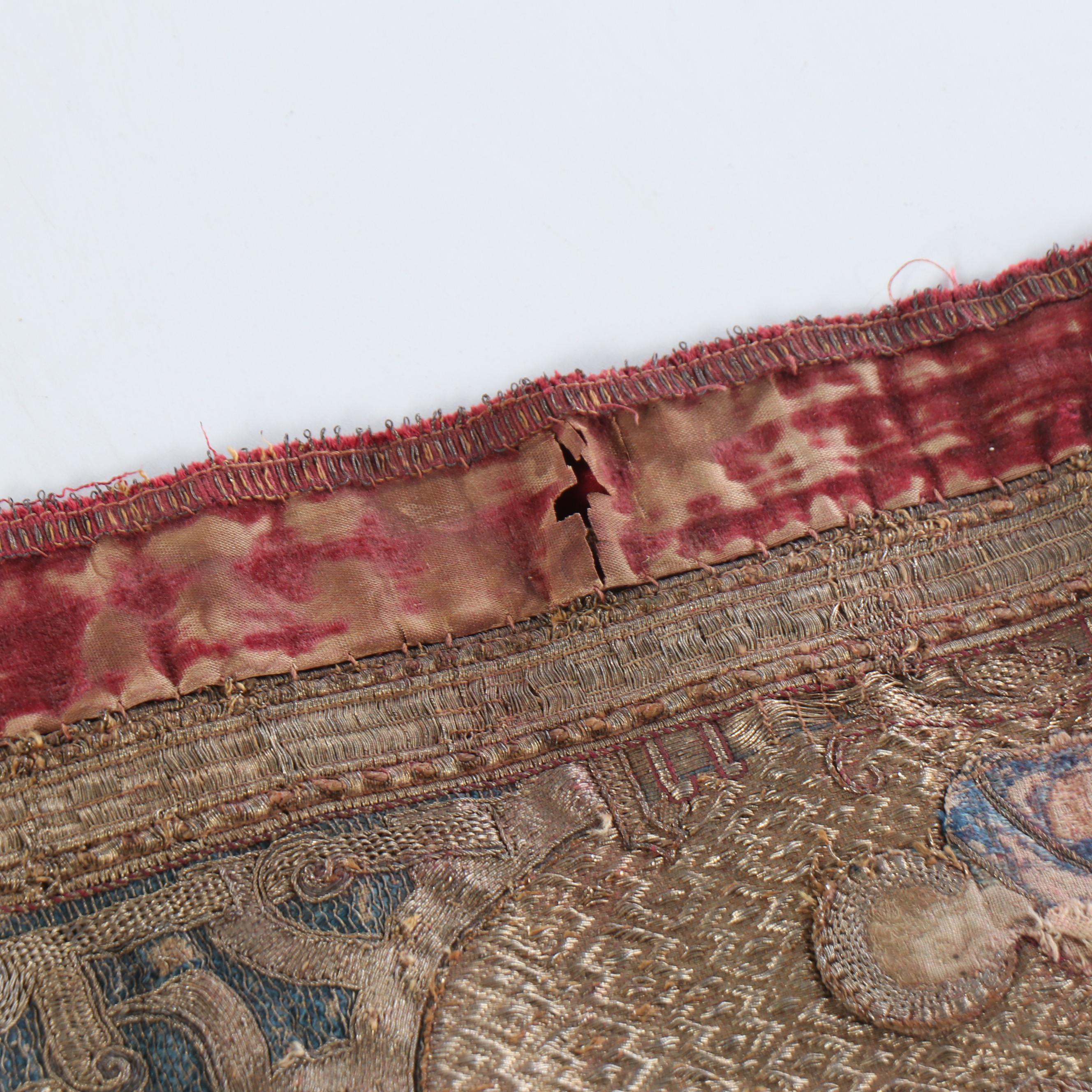 Antique Clerical Three-Panel Religious Goldwork Orphrey Band, 17th Century