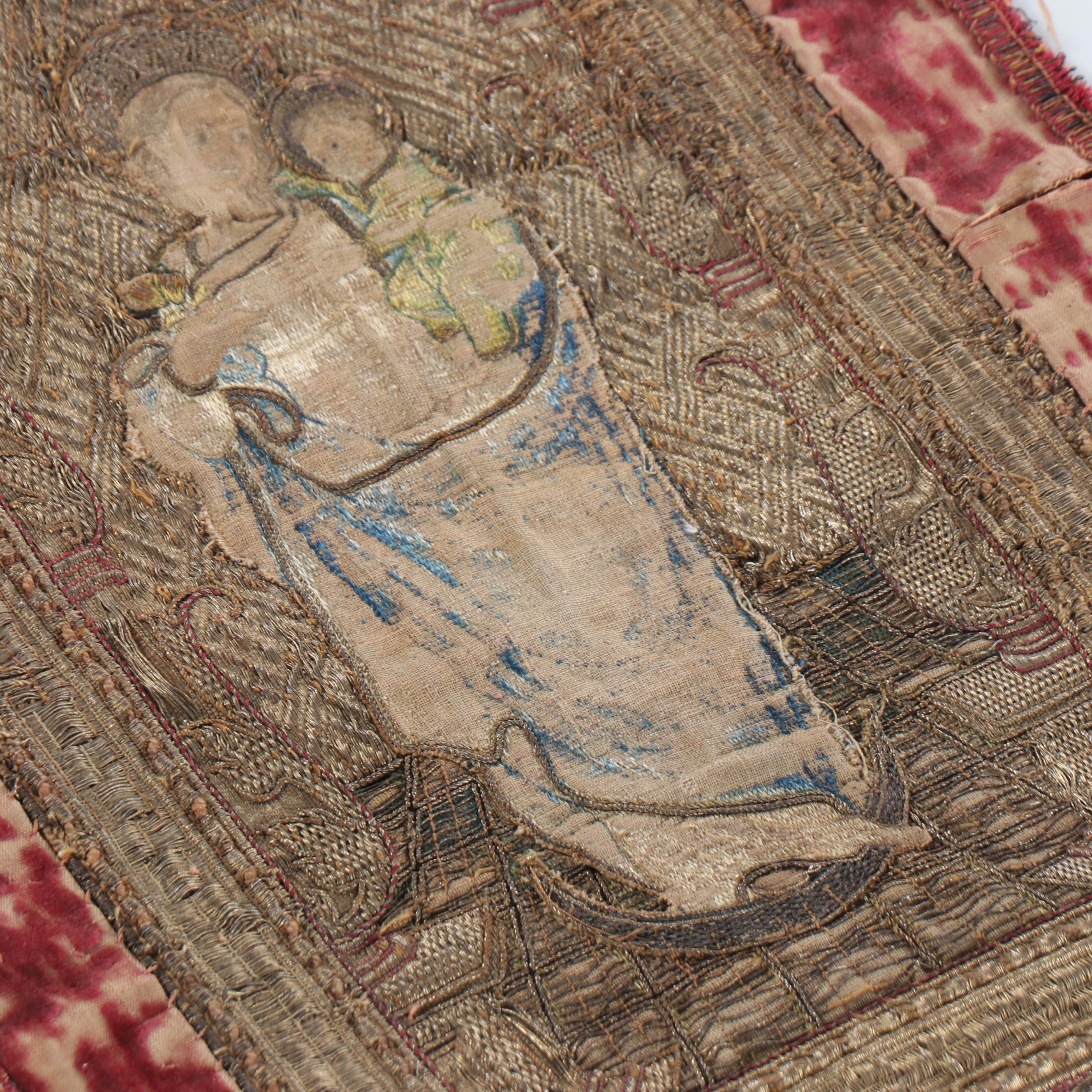 Antique Clerical Three-Panel Religious Goldwork Orphrey Band, 17th Century