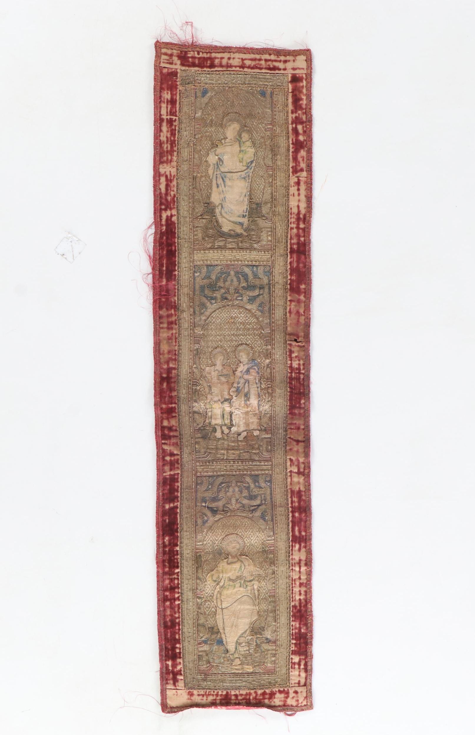 Antique Clerical Three-Panel Religious Goldwork Orphrey Band, 17th Century
