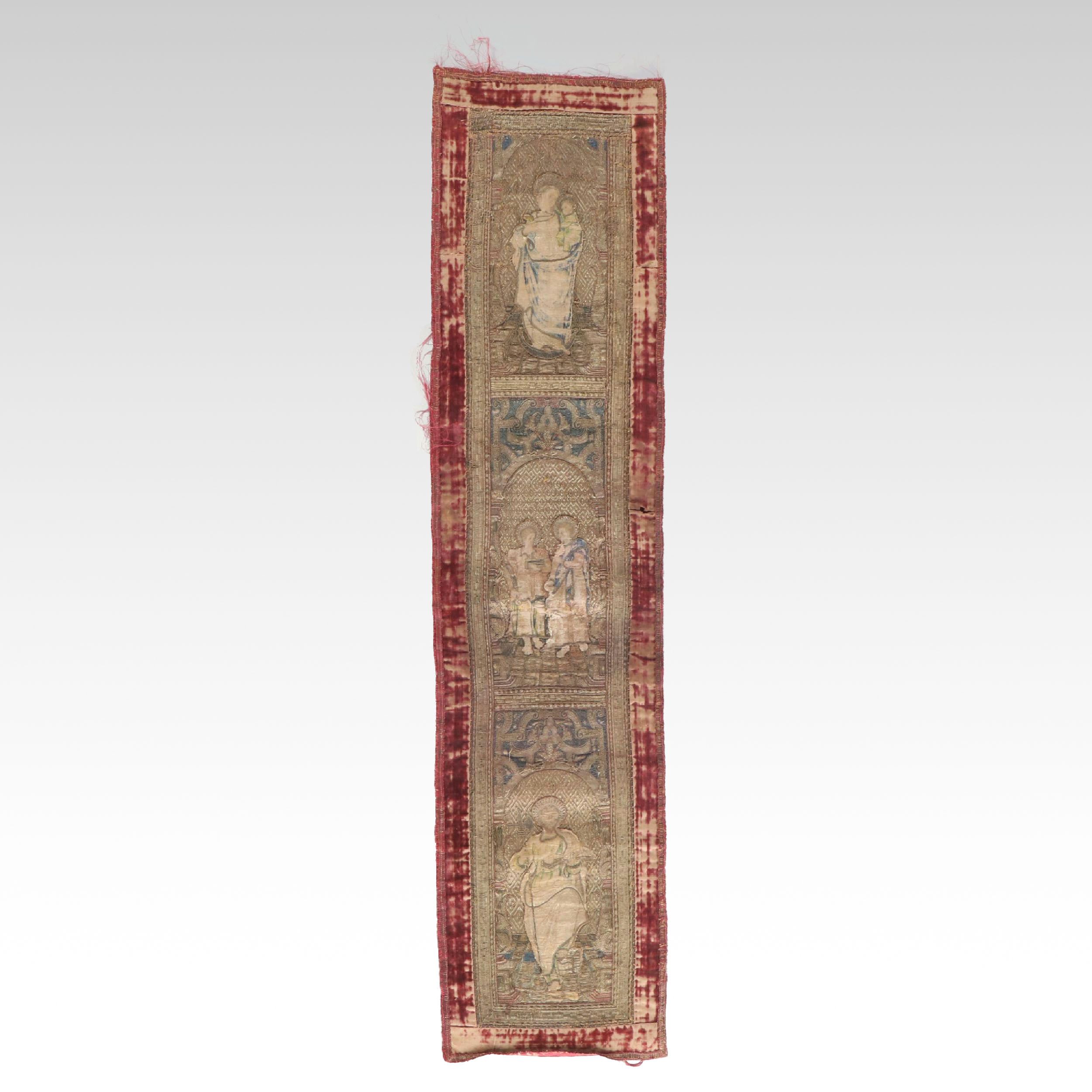 Antique Clerical Three-Panel Religious Goldwork Orphrey Band, 17th Century