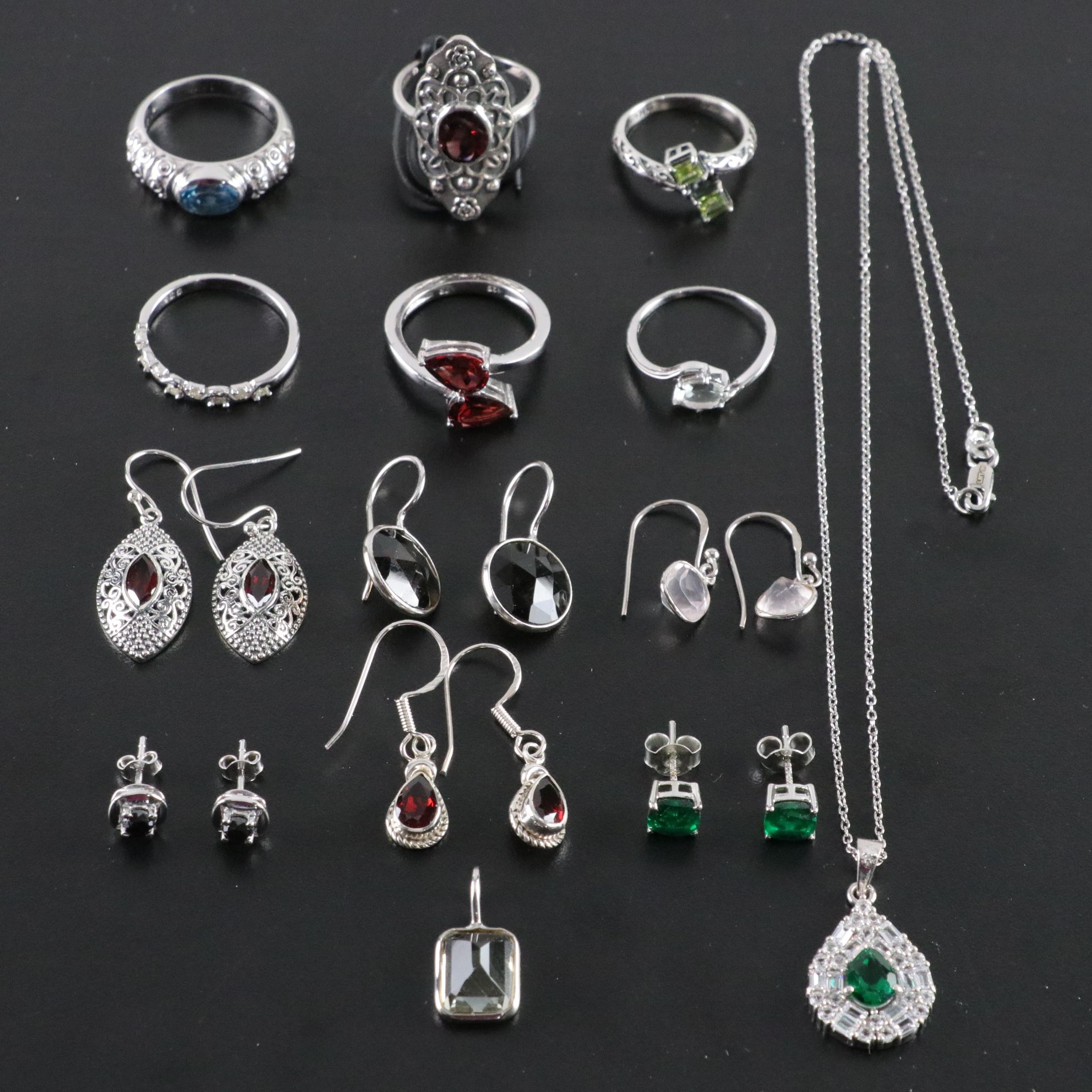14 Assorted Sterling Silver Rings, Earrings and Necklace