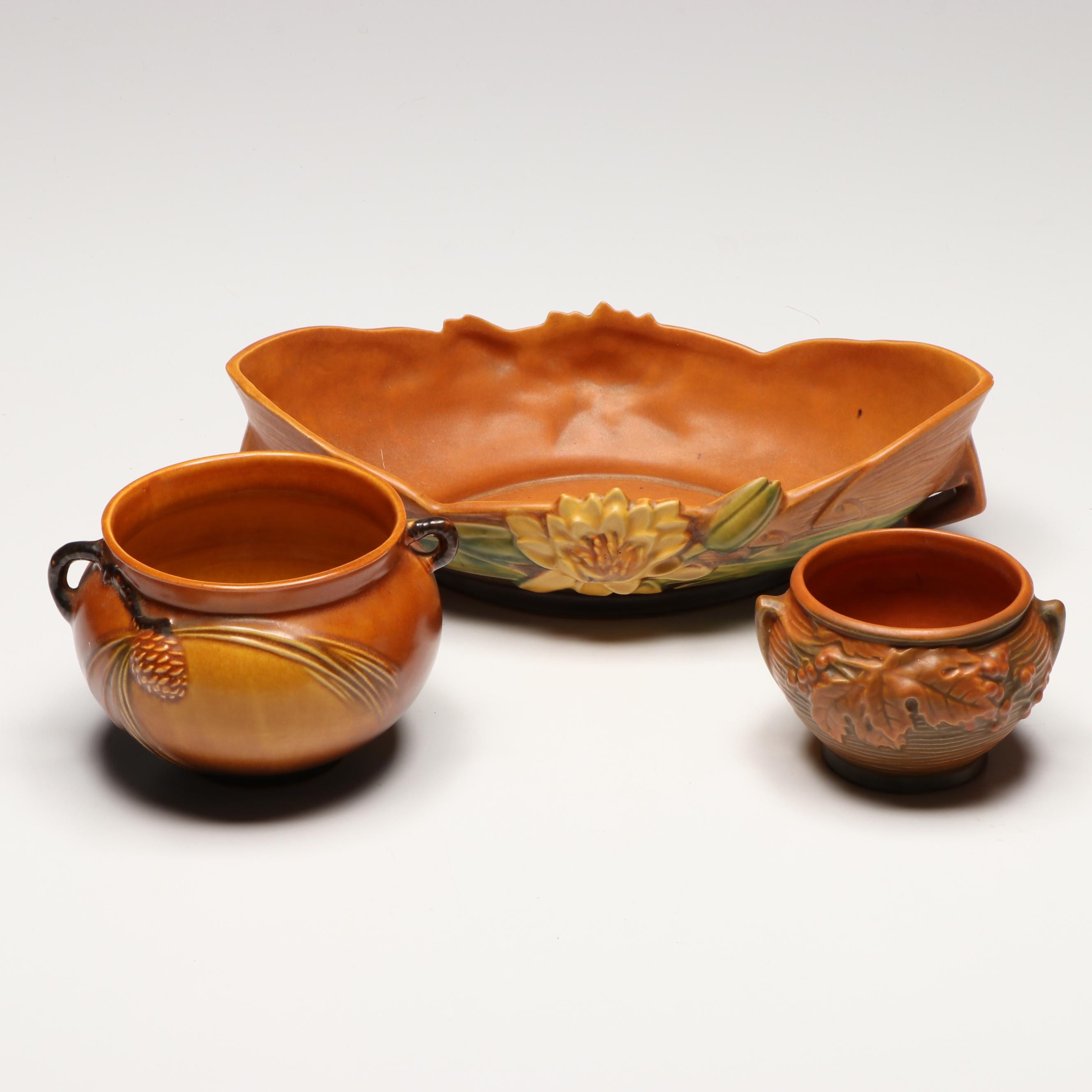 Roseville Pottery "Clematis Autumn Brown" and "Bushberry" Pots and Bowl