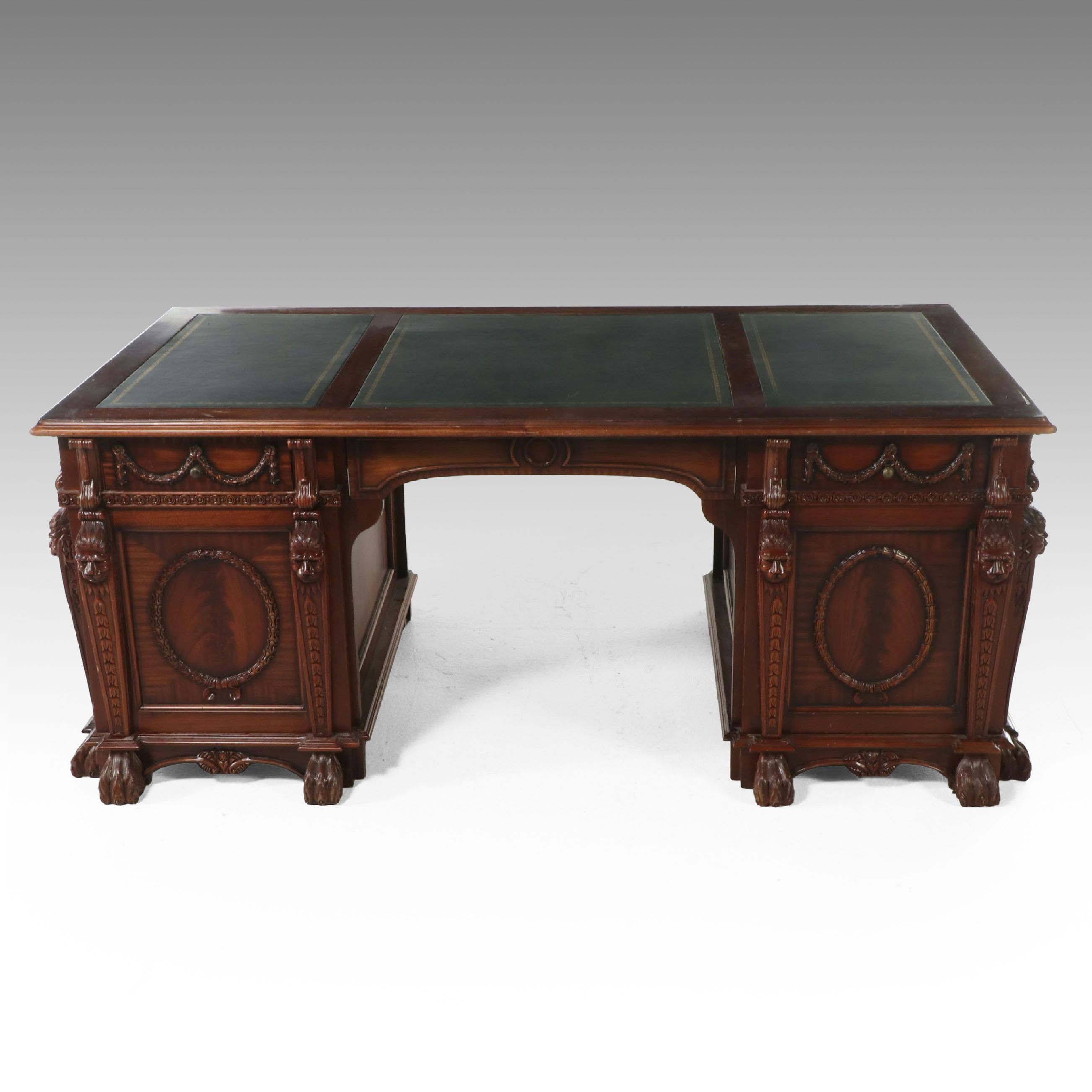 Chippendale Style Leather Top Mahogany Partner's Desk