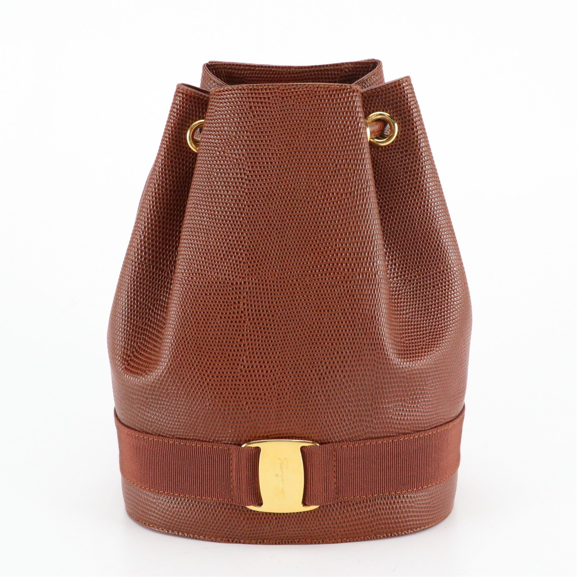 Salvatore Ferragamo Lizard Embossed Leather Mini Vara Drawstring Bucket Bag