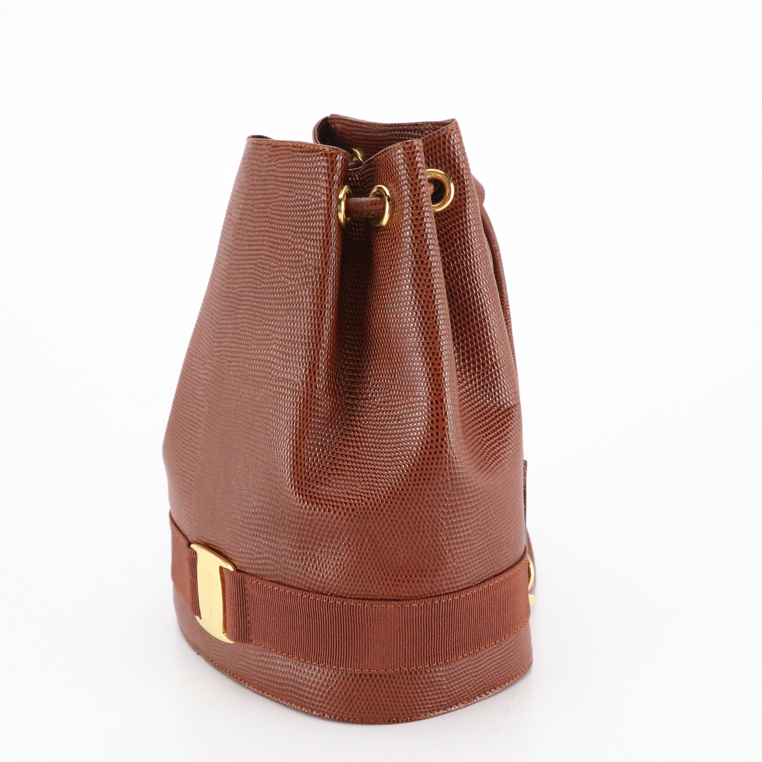 Salvatore Ferragamo Lizard Embossed Leather Mini Vara Drawstring Bucket Bag
