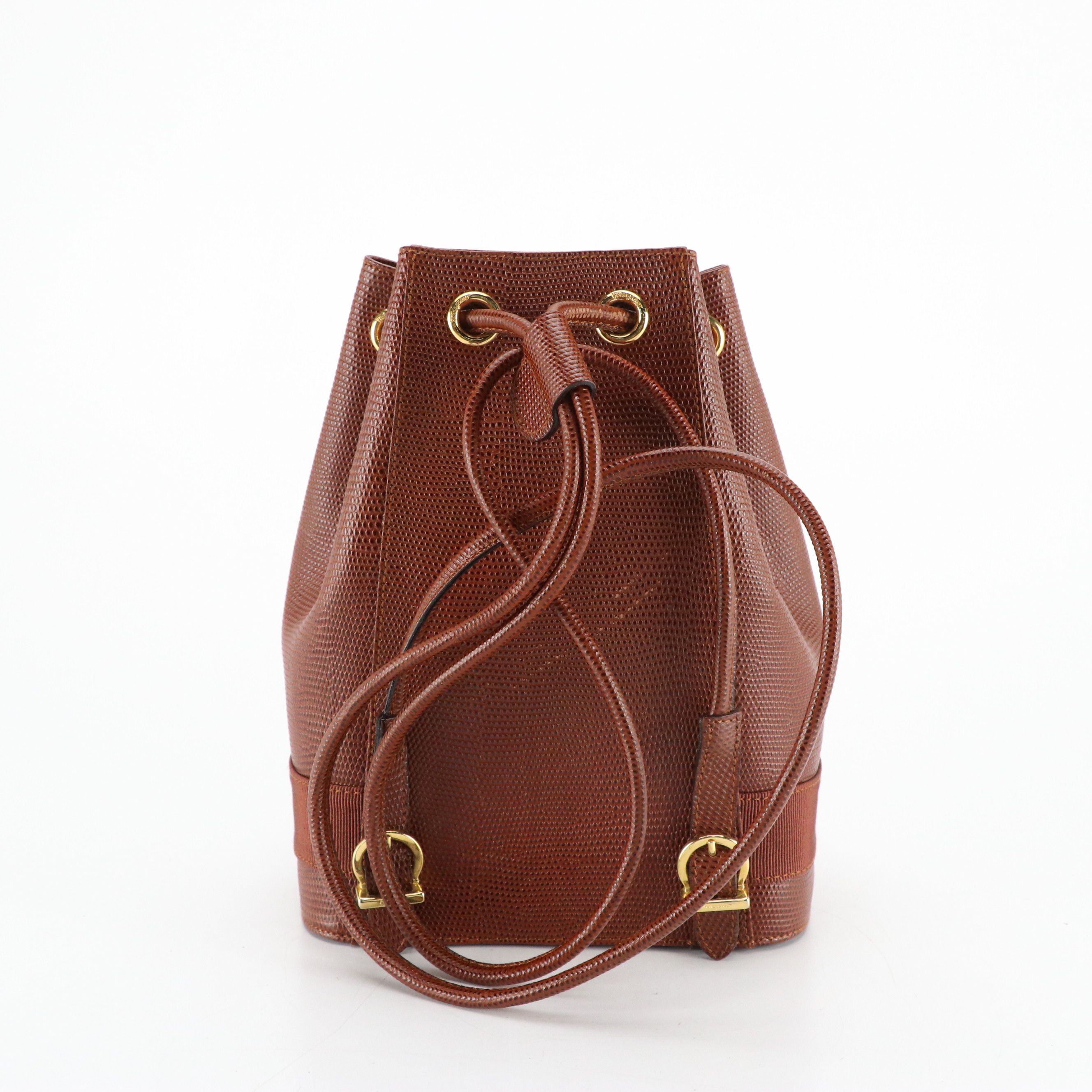 Salvatore Ferragamo Lizard Embossed Leather Mini Vara Drawstring Bucket Bag